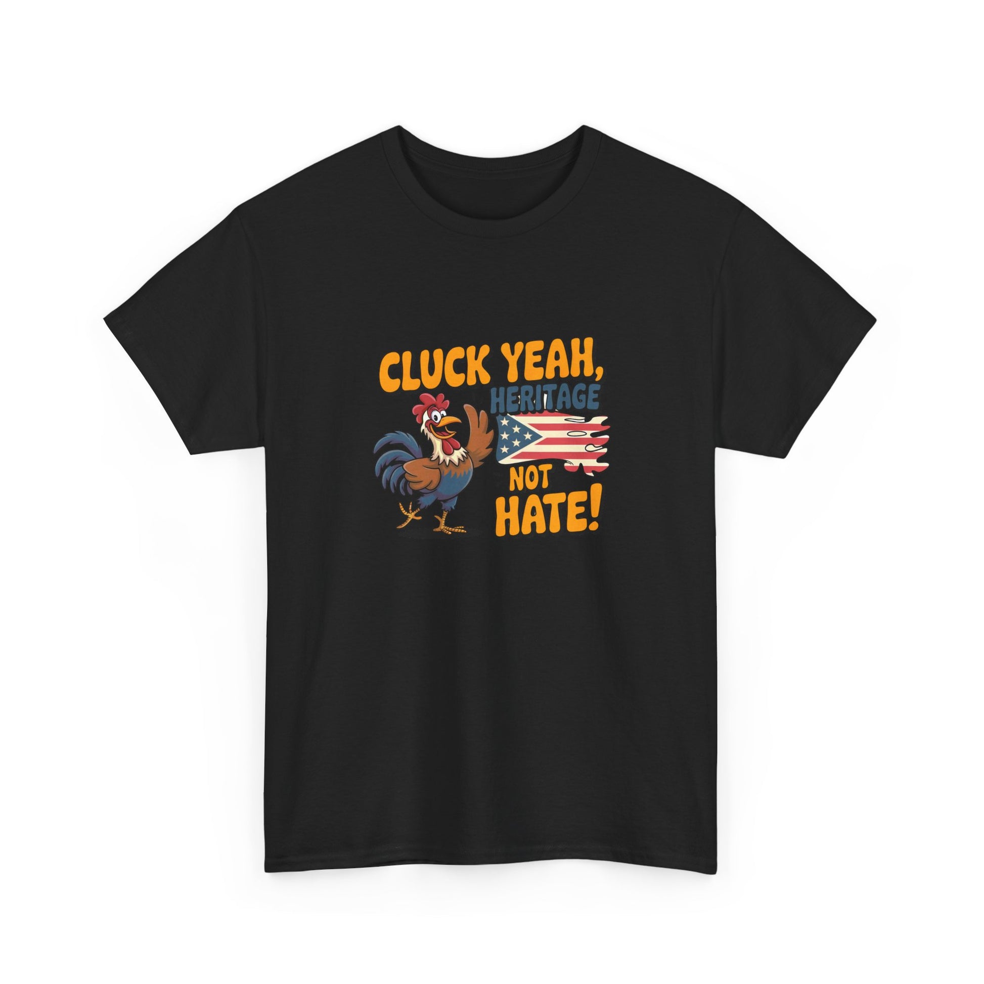 Black Printify t-shirt with patriotic rooster graphic t-shirt design and heritage slogan