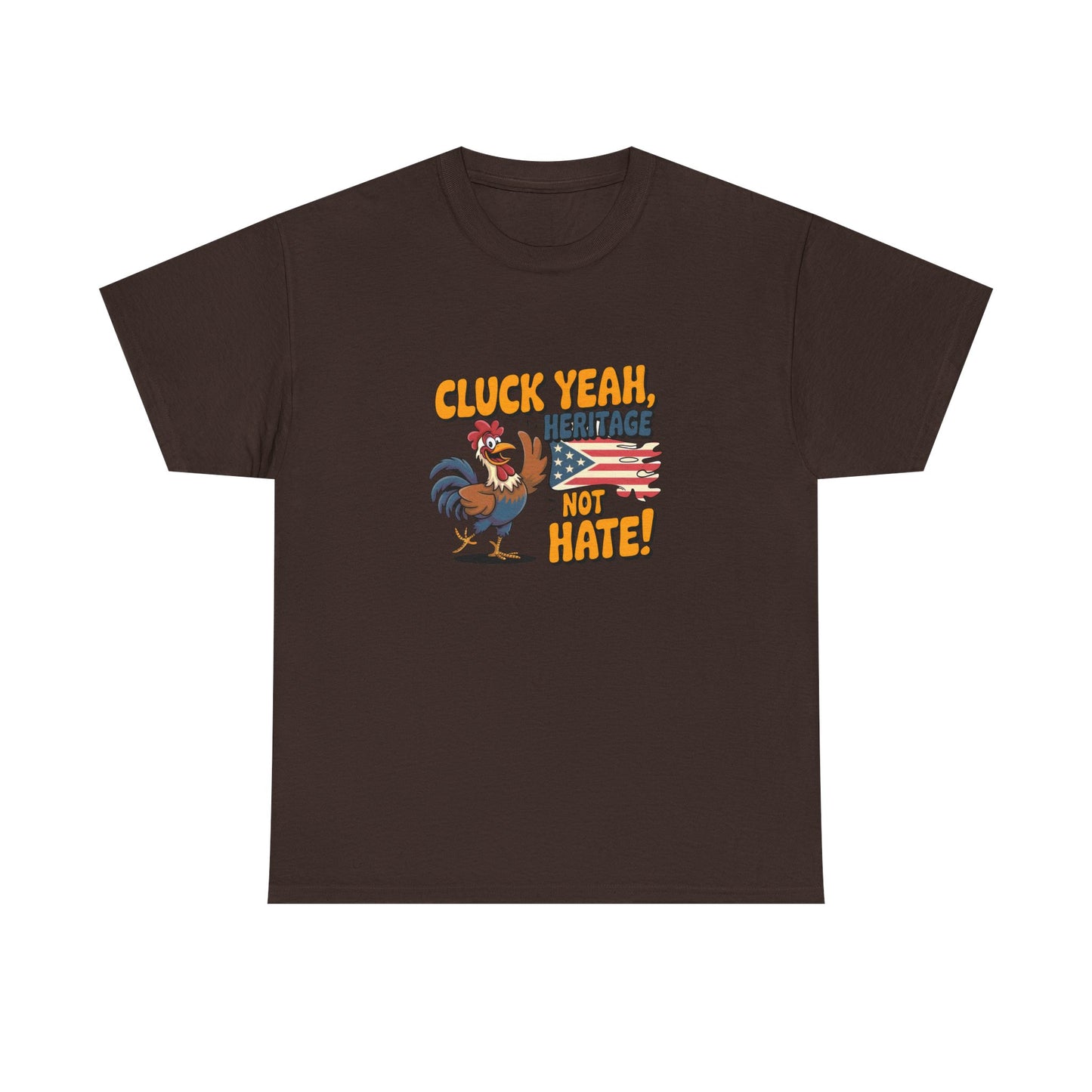 Printify brown t-shirt featuring a patriotic rooster graphic t-shirt with cluck yeah heritage not hate design