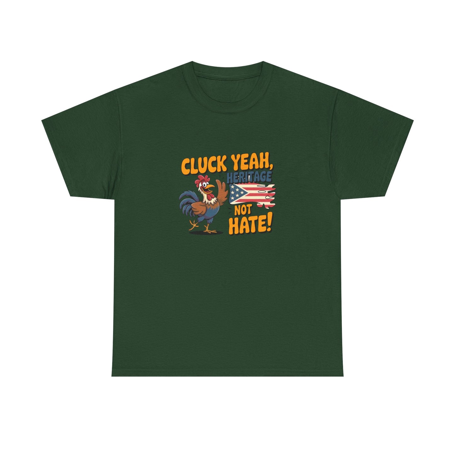 Green Printify t-shirt featuring a patriotic rooster graphic t-shirt with American flag and bold text