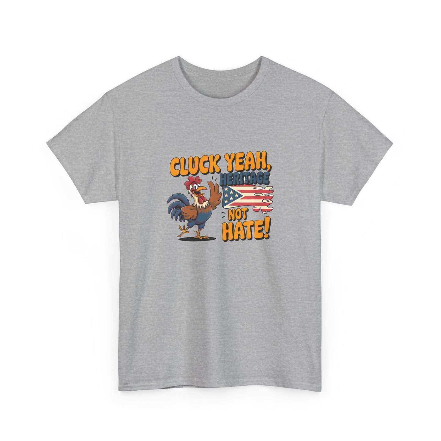 Gray Printify t-shirt featuring a patriotic rooster graphic t-shirt with American flag and text
