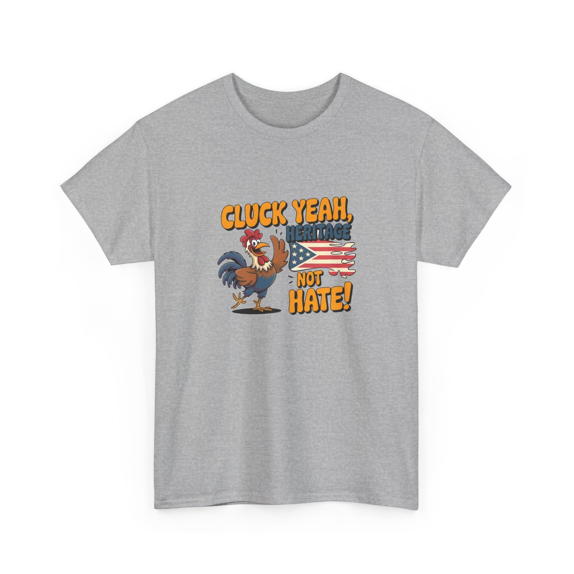 Gray Printify t-shirt featuring a patriotic rooster graphic t-shirt with American flag and text