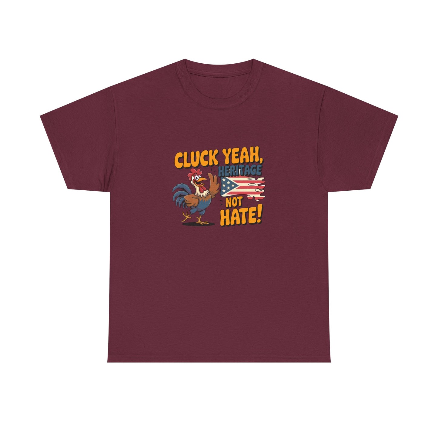 Patriotic rooster graphic t-shirt in maroon by Printify with heritage American flag design and slogan