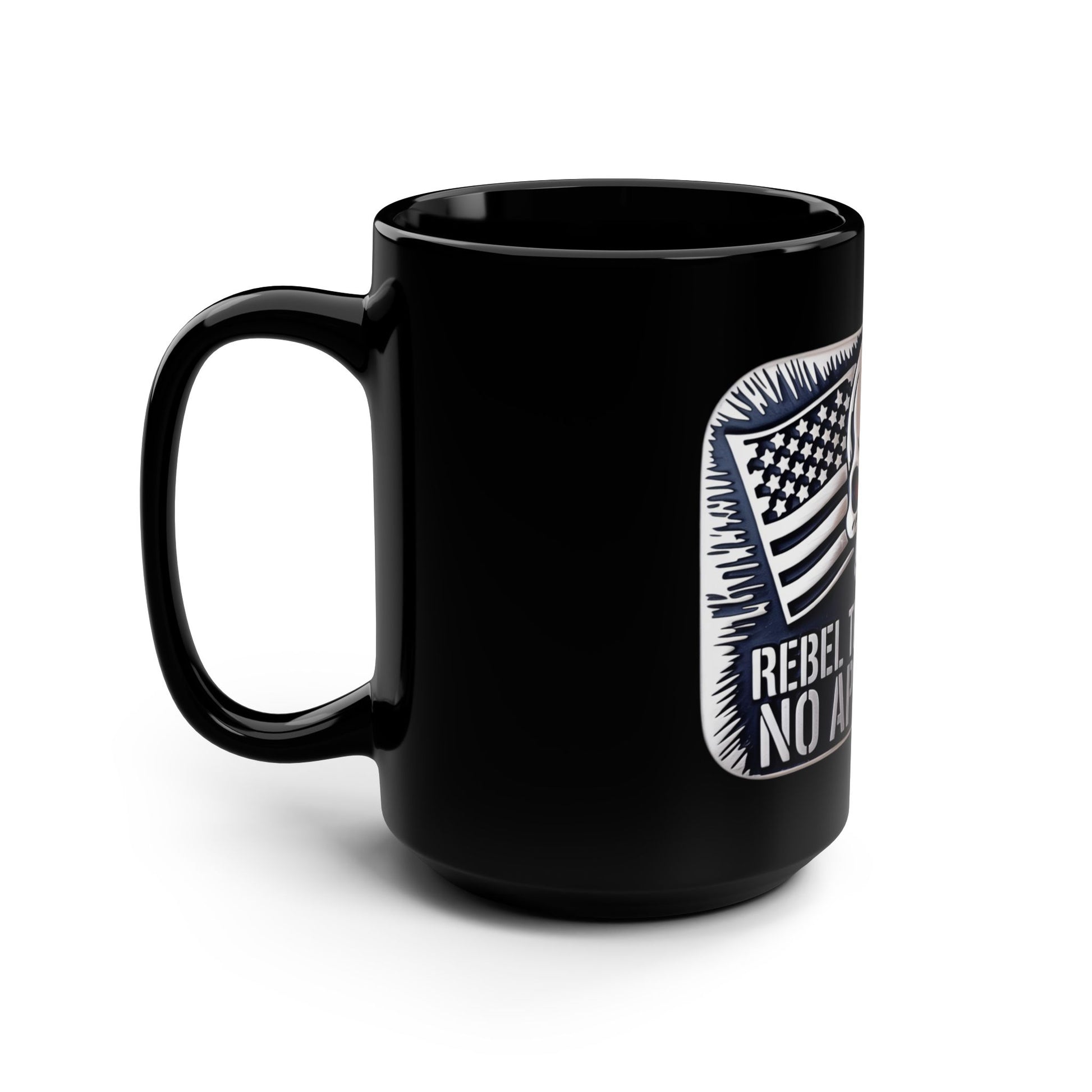 Black rebel flag coffee mug with patriotic flag design and bold lettering