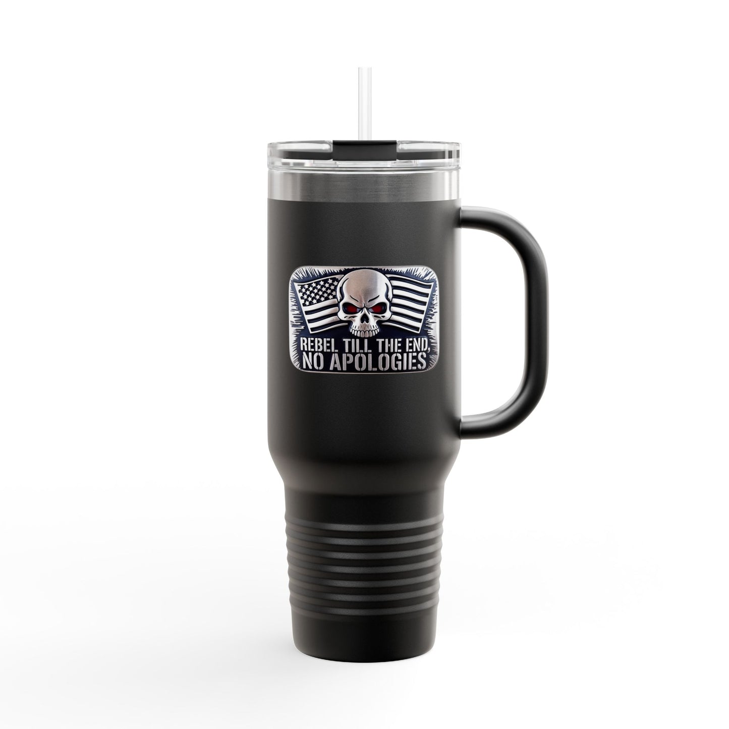 rebel flag insulated travel mug in black with skull and flag design and straw lid