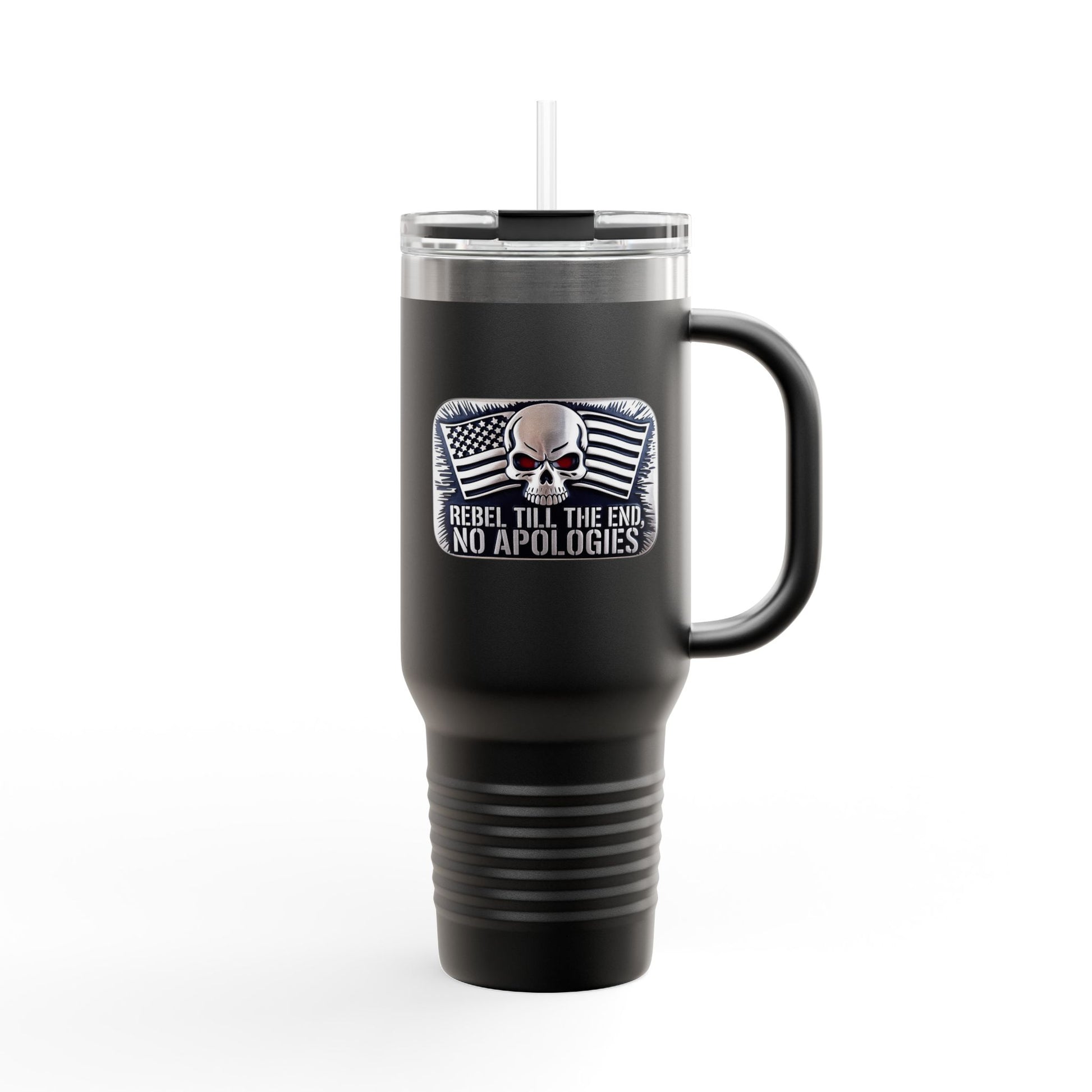 rebel flag insulated travel mug in black with skull and flag design and straw lid
