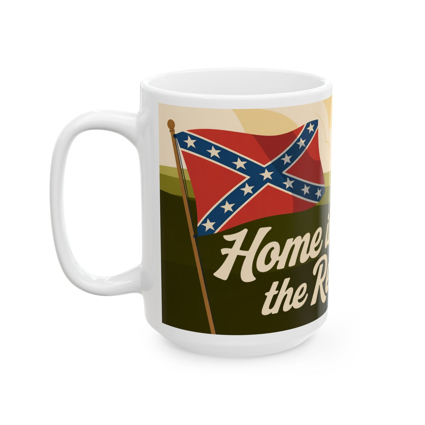 White rebel heart ceramic mug with a flag design and partial text on the side