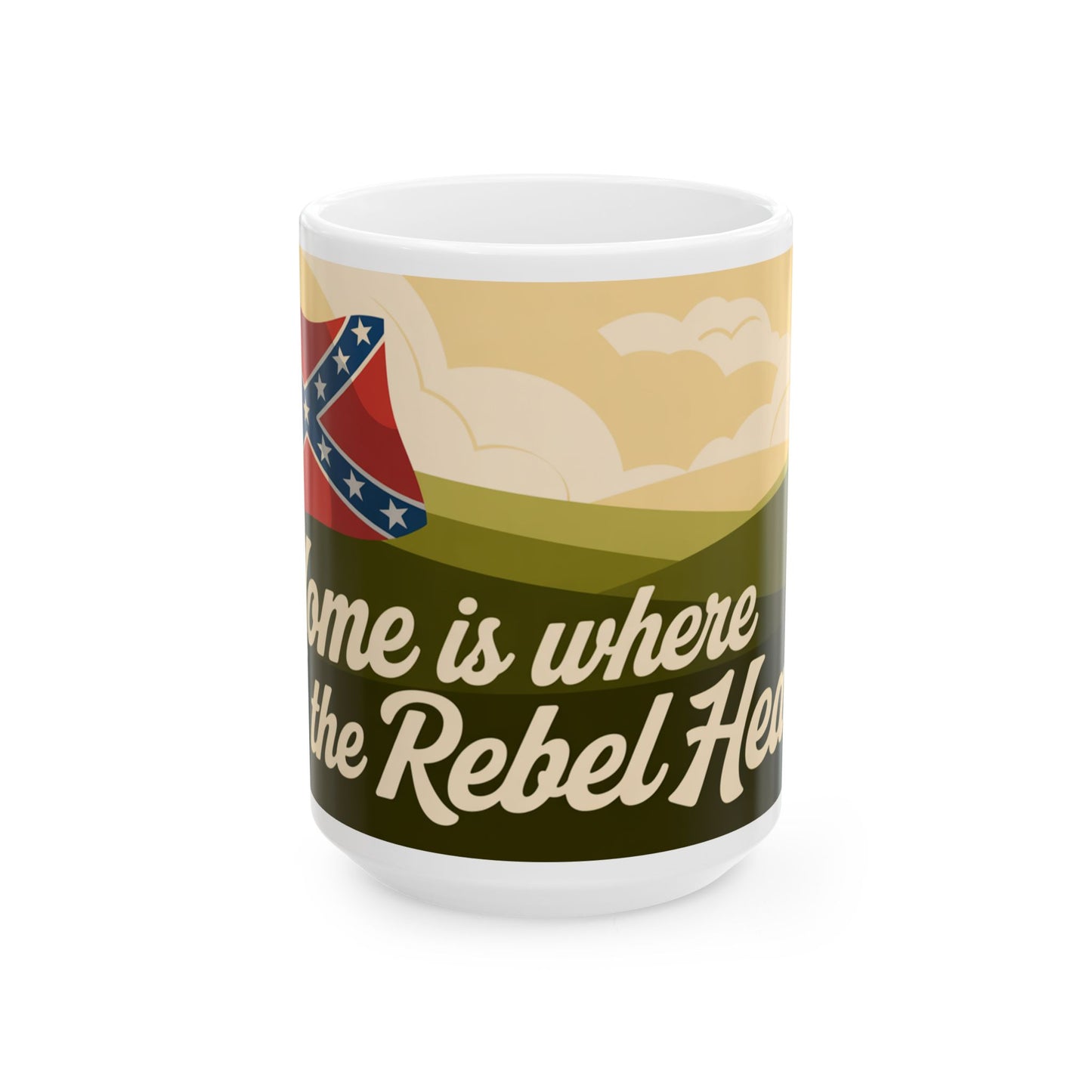 White rebel heart ceramic mug with patriotic design and slogan home is where the rebel heart is