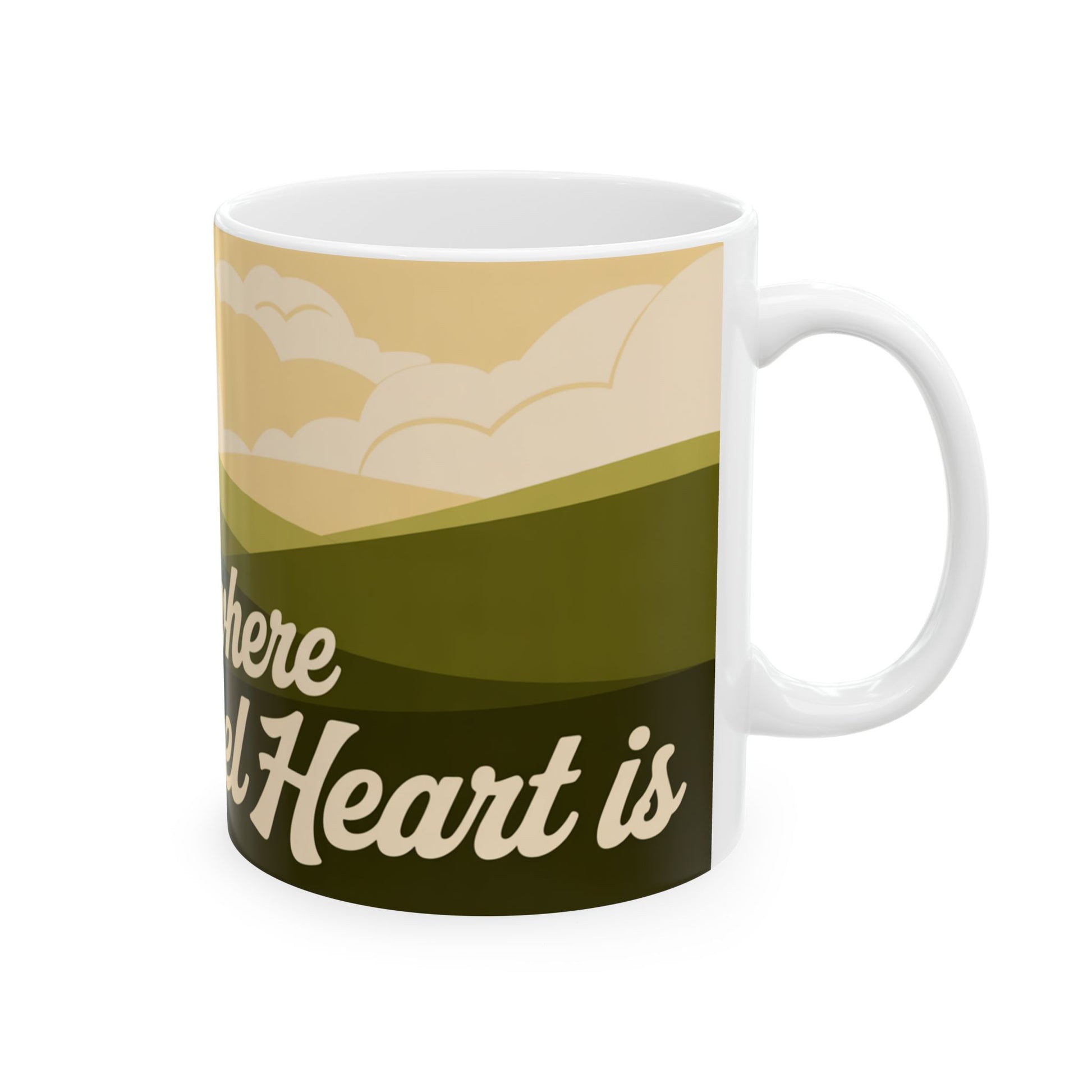 White ceramic rebel heart ceramic mug with green and beige landscape design and text