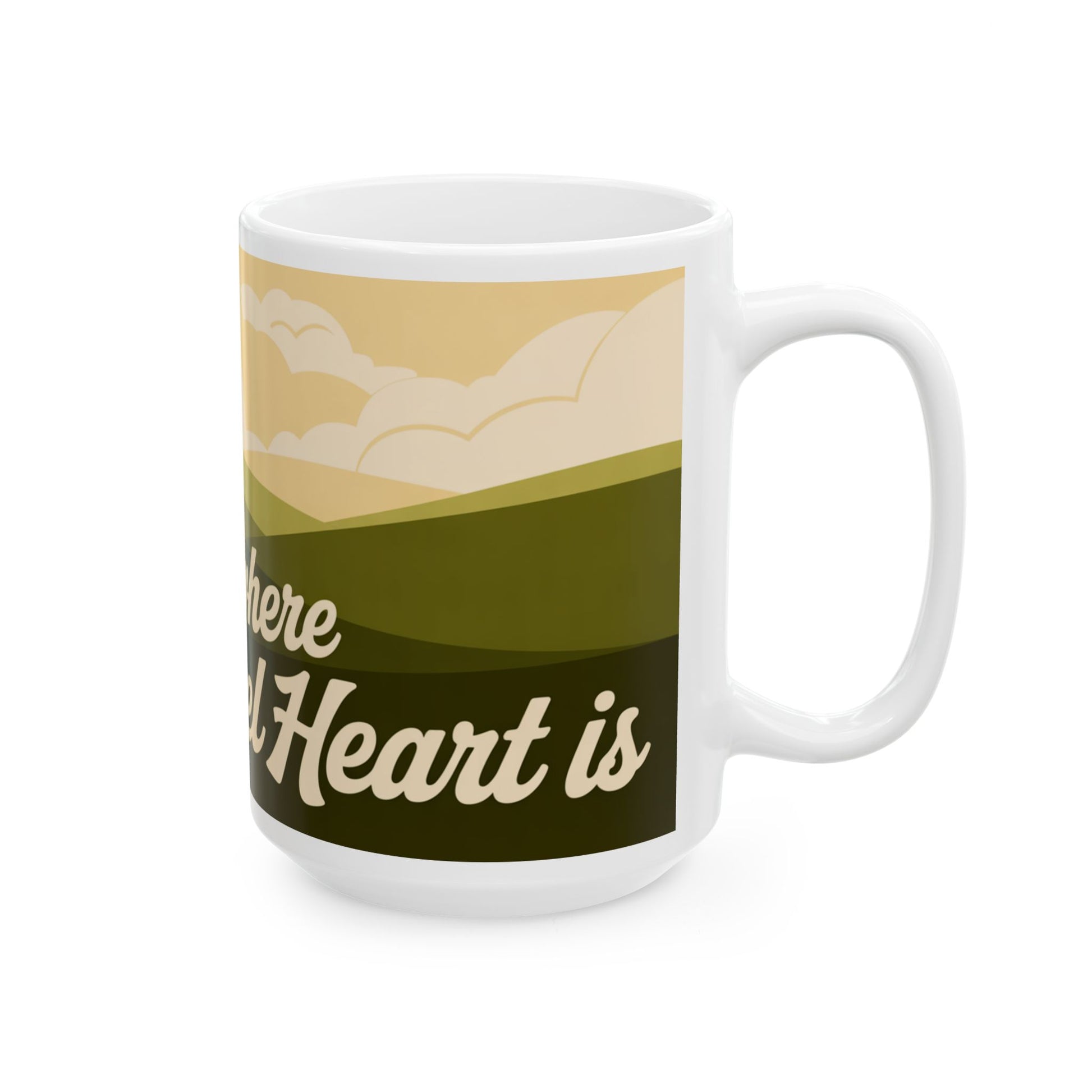 White rebel heart ceramic mug with green and beige landscape design and script text