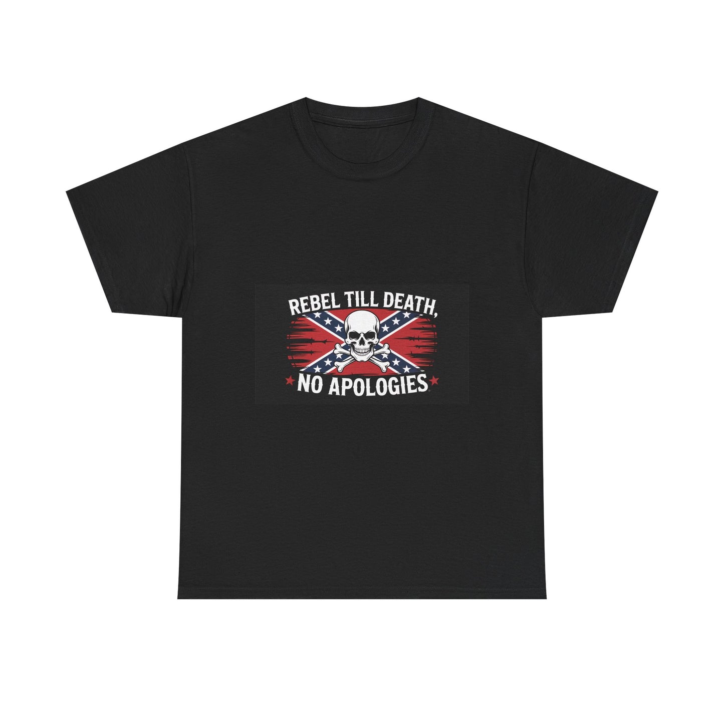 Rebel Till Death t-shirt in black featuring skull and crossbones with flag design