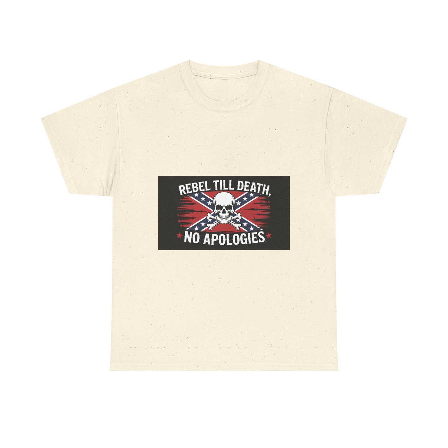 Rebel Till Death t-shirt in beige with skull and crossed guns graphic and bold text design