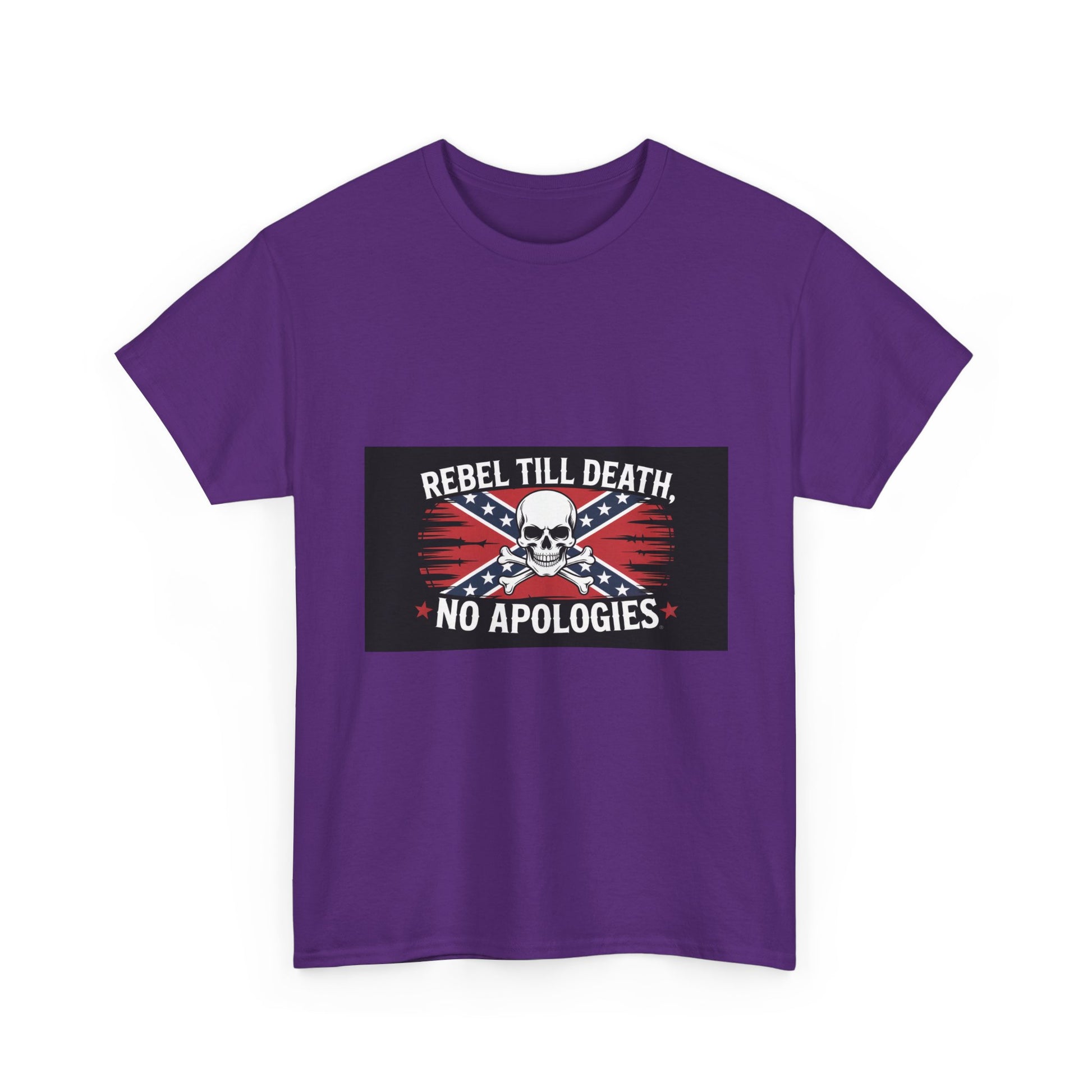 Purple Rebel Till Death t-shirt with skull and crossbones graphic and bold text design