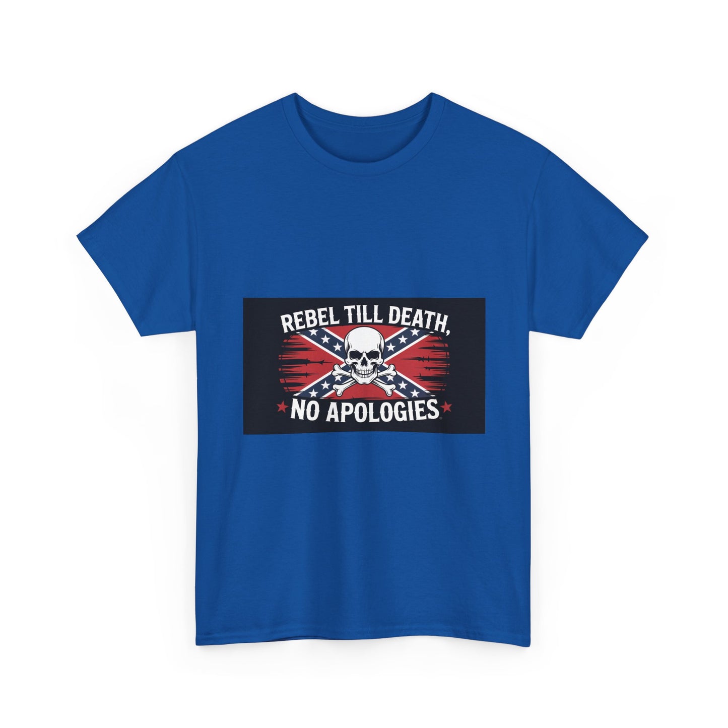 Blue Rebel Till Death t-shirt with skull and crossbones design and no apologies text