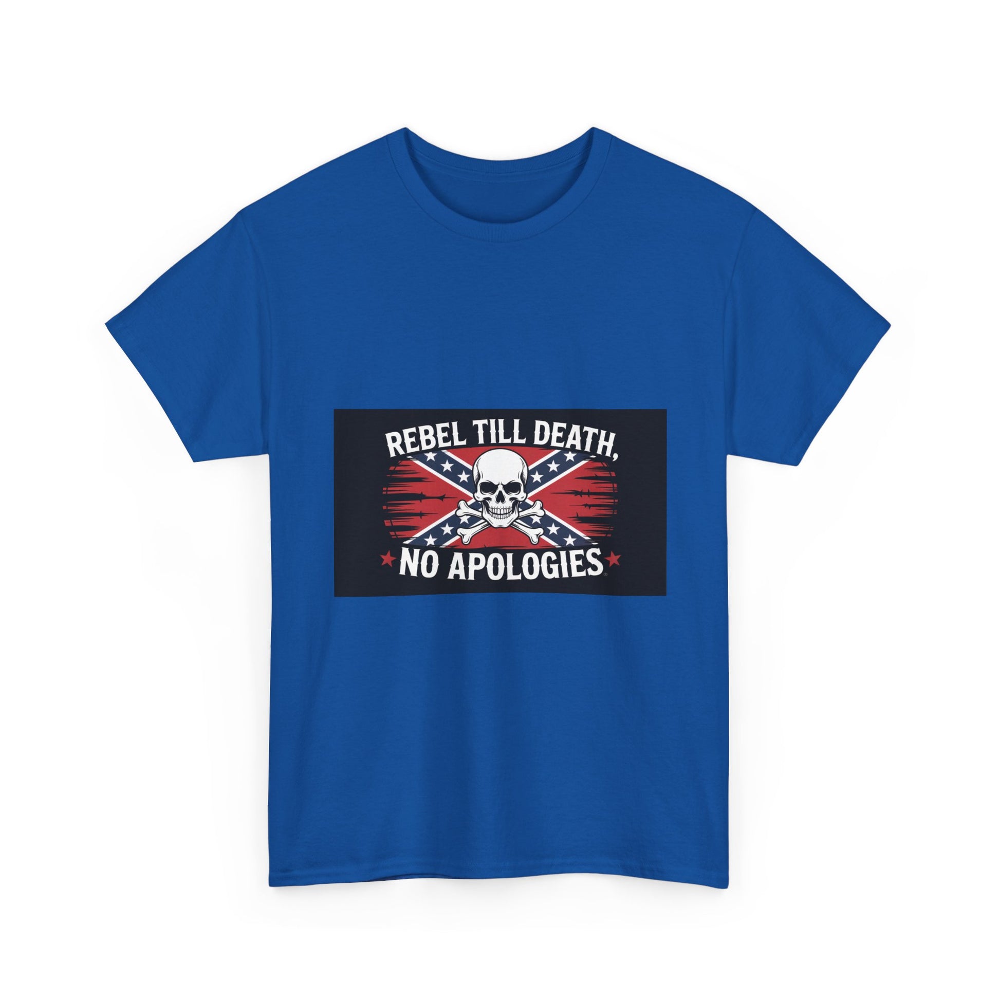 Blue Rebel Till Death t-shirt with skull and crossbones design and no apologies text