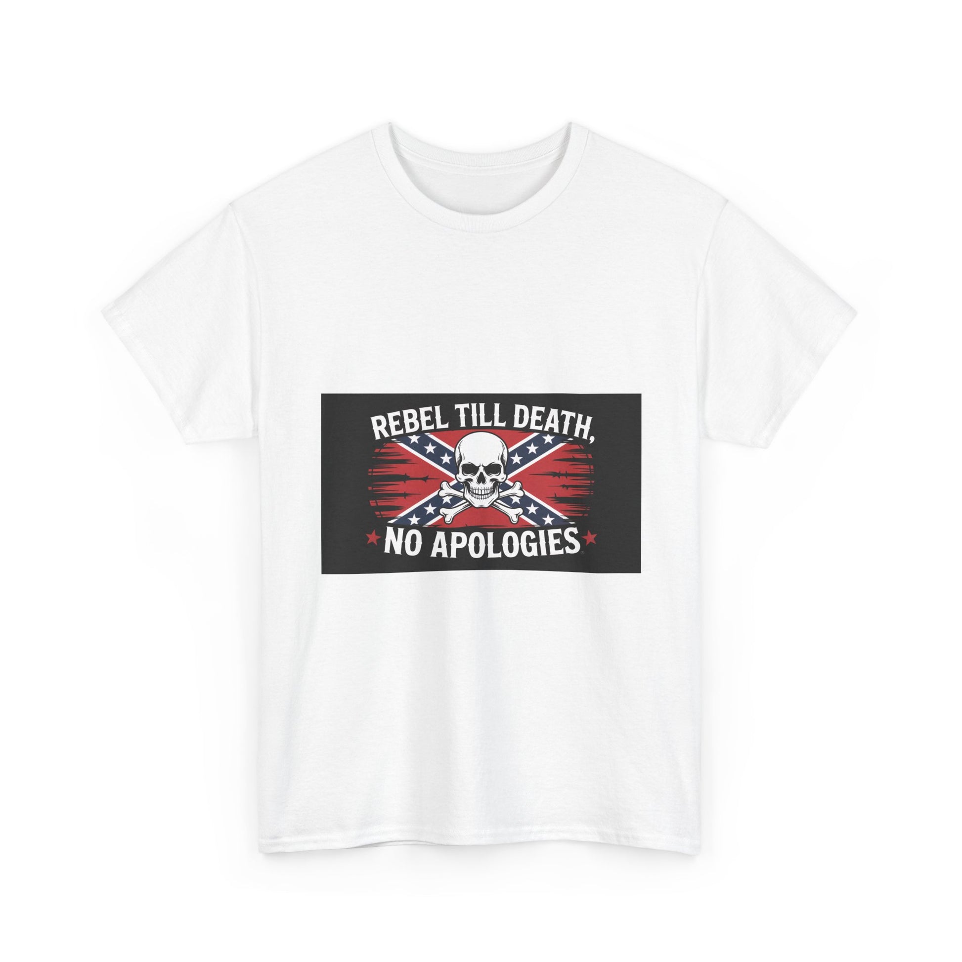 White Rebel Till Death t-shirt with skull and crossbones design and bold red and black graphic