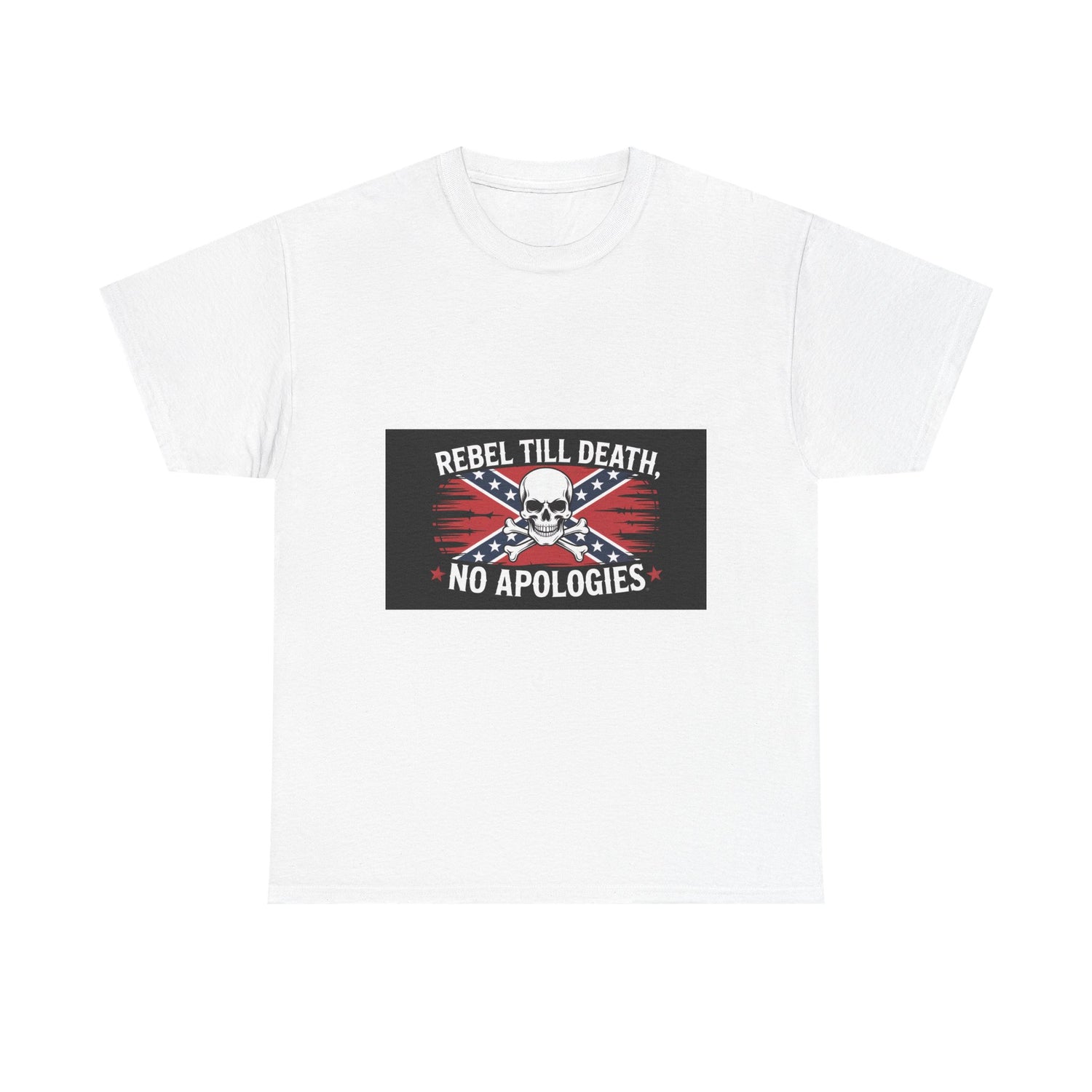White Rebel Till Death t-shirt with skull and crossbones graphic and no apologies text