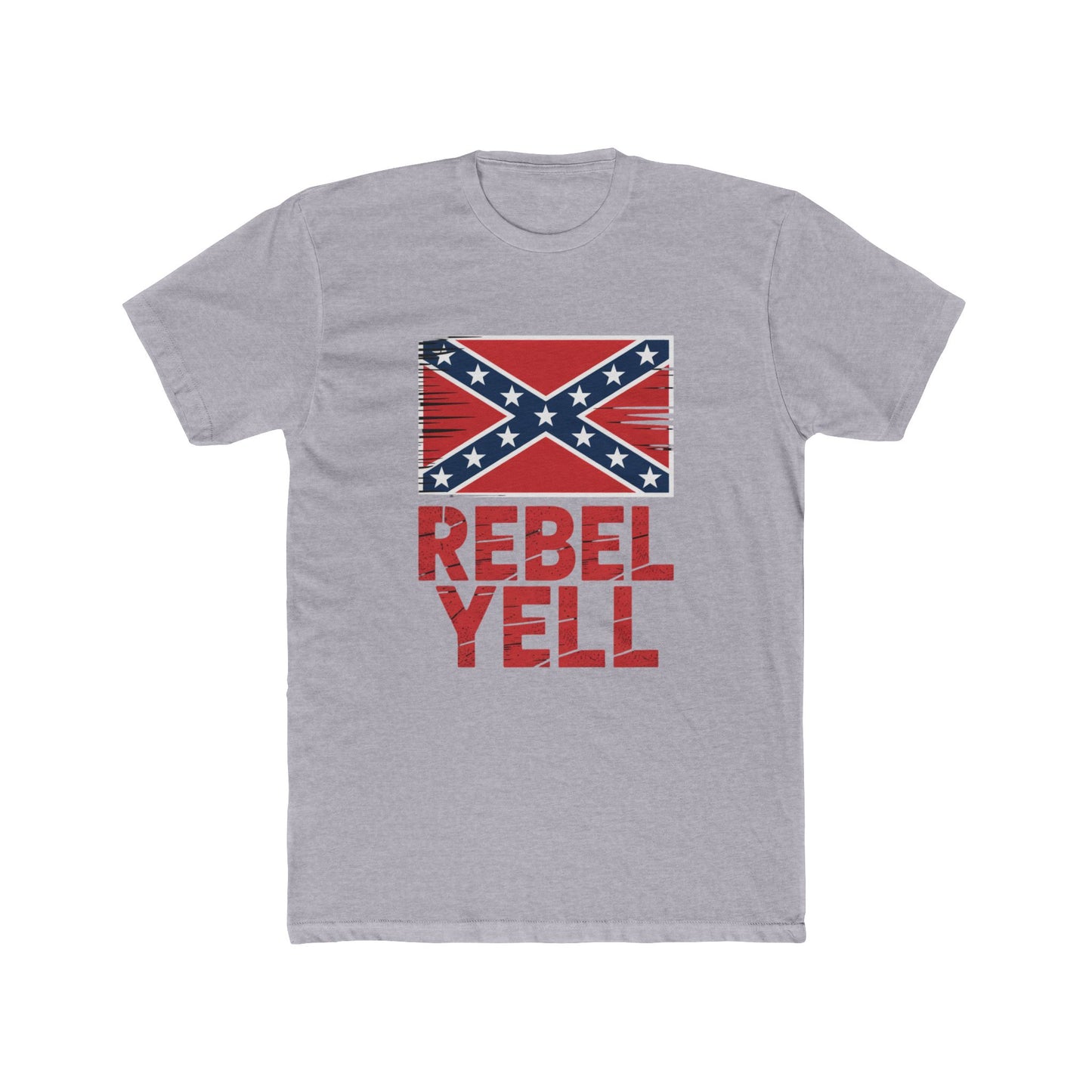 Gray t-shirt featuring a distressed Rebel Yell confederate flag t-shirt graphic in red and blue