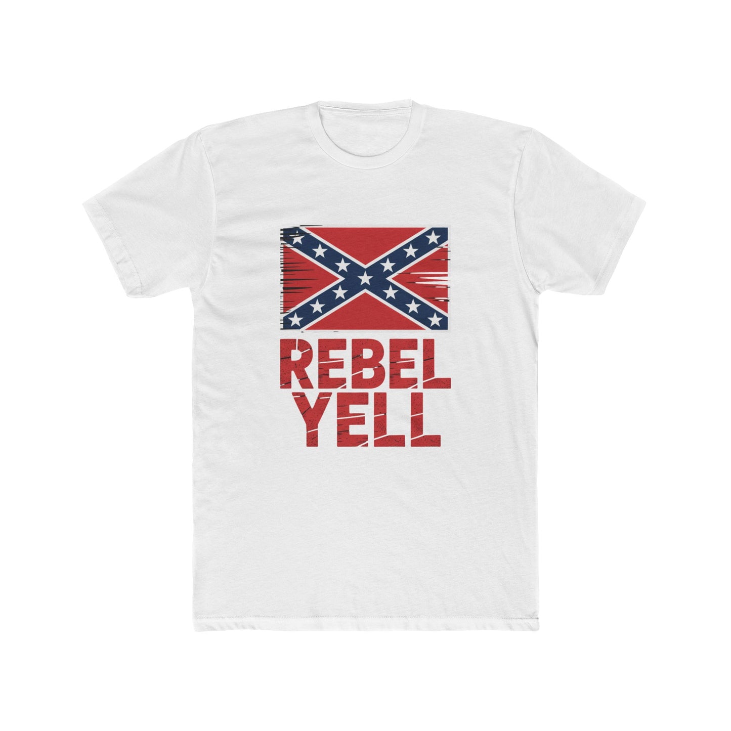White t-shirt with red and blue Rebel Yell confederate flag t-shirt graphic and text design