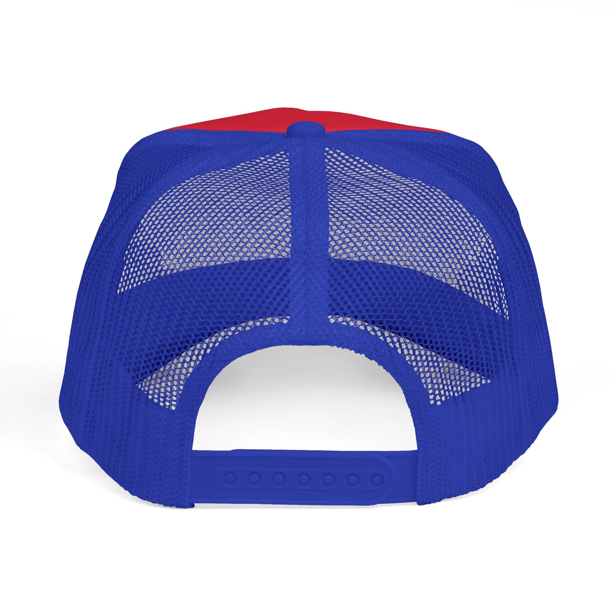 Back view of a blue mesh snapback cap from part of distressed Confederate flag hat collection
