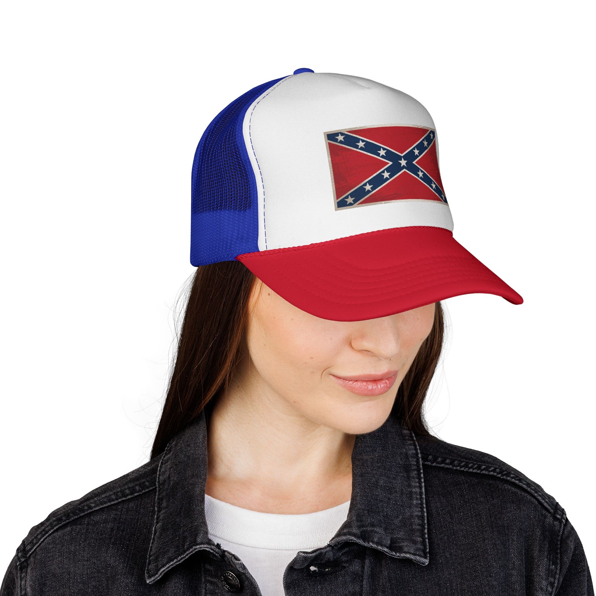 distressed Confederate flag hat with red brim blue mesh back and white front panel worn by woman