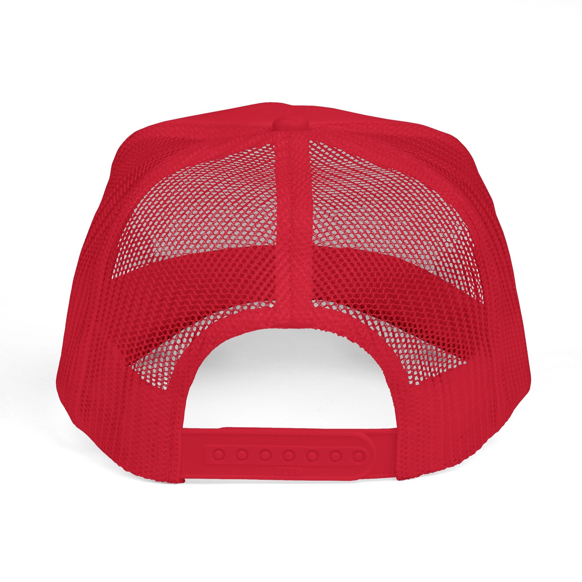 Back view of red mesh Confederate flag trucker cap with adjustable snapback closure
