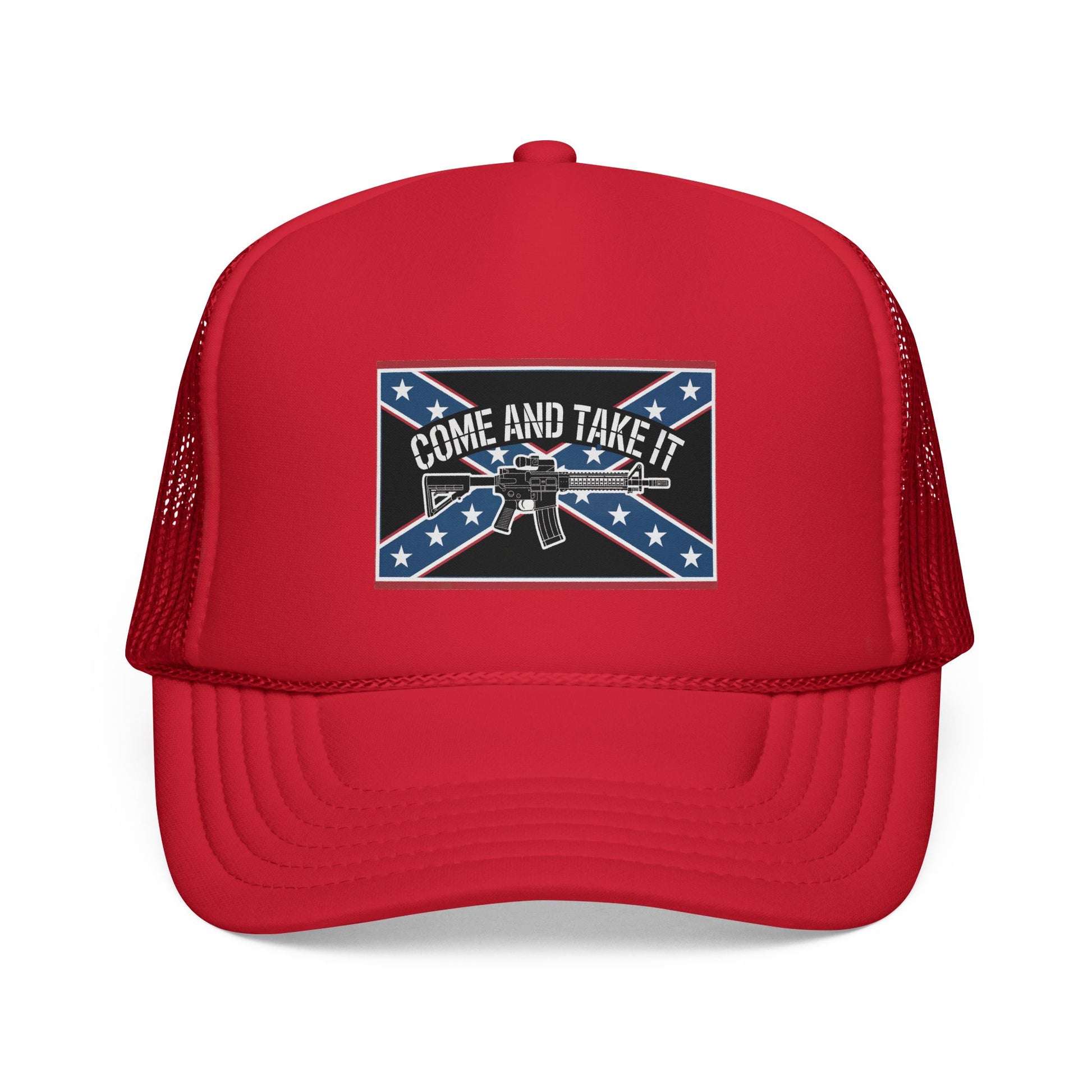 Red Confederate flag trucker cap with Come and Take It design and rifle image