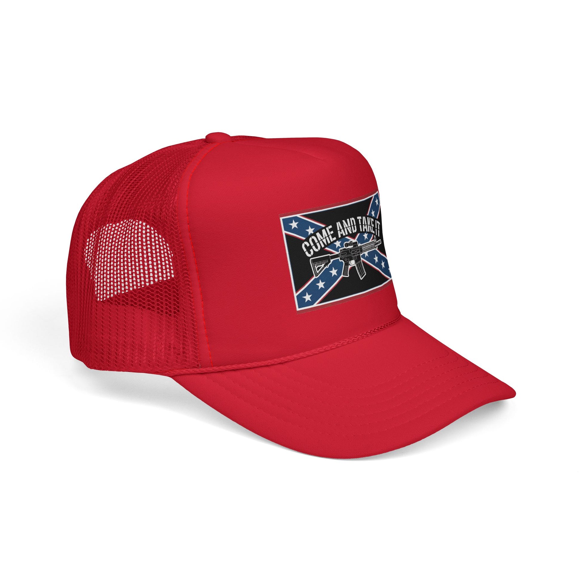 Red confederate flag trucker cap with mesh back and come and take it design