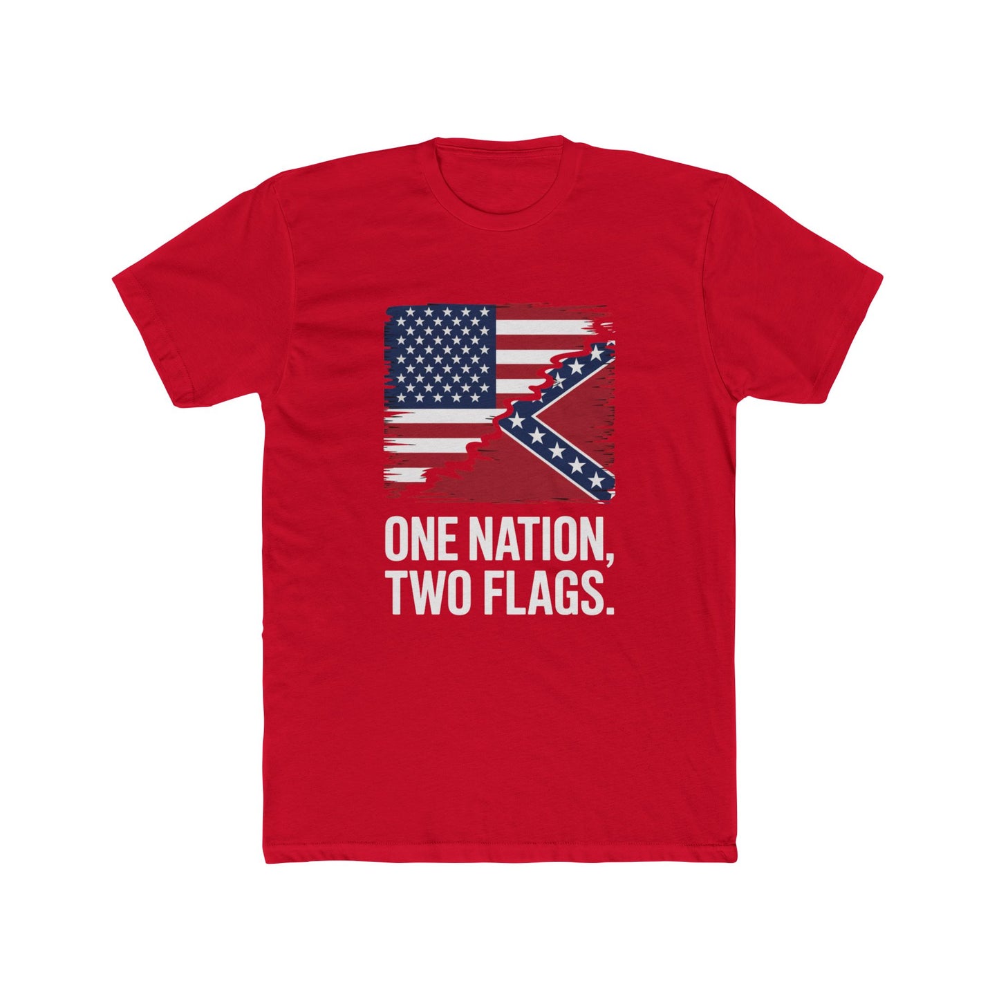 Red one nation two flags t-shirt with American and Confederate flags graphic on front