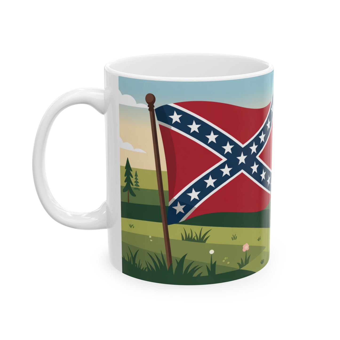 White Southern heritage coffee mug featuring a Confederate flag design with a scenic outdoor background