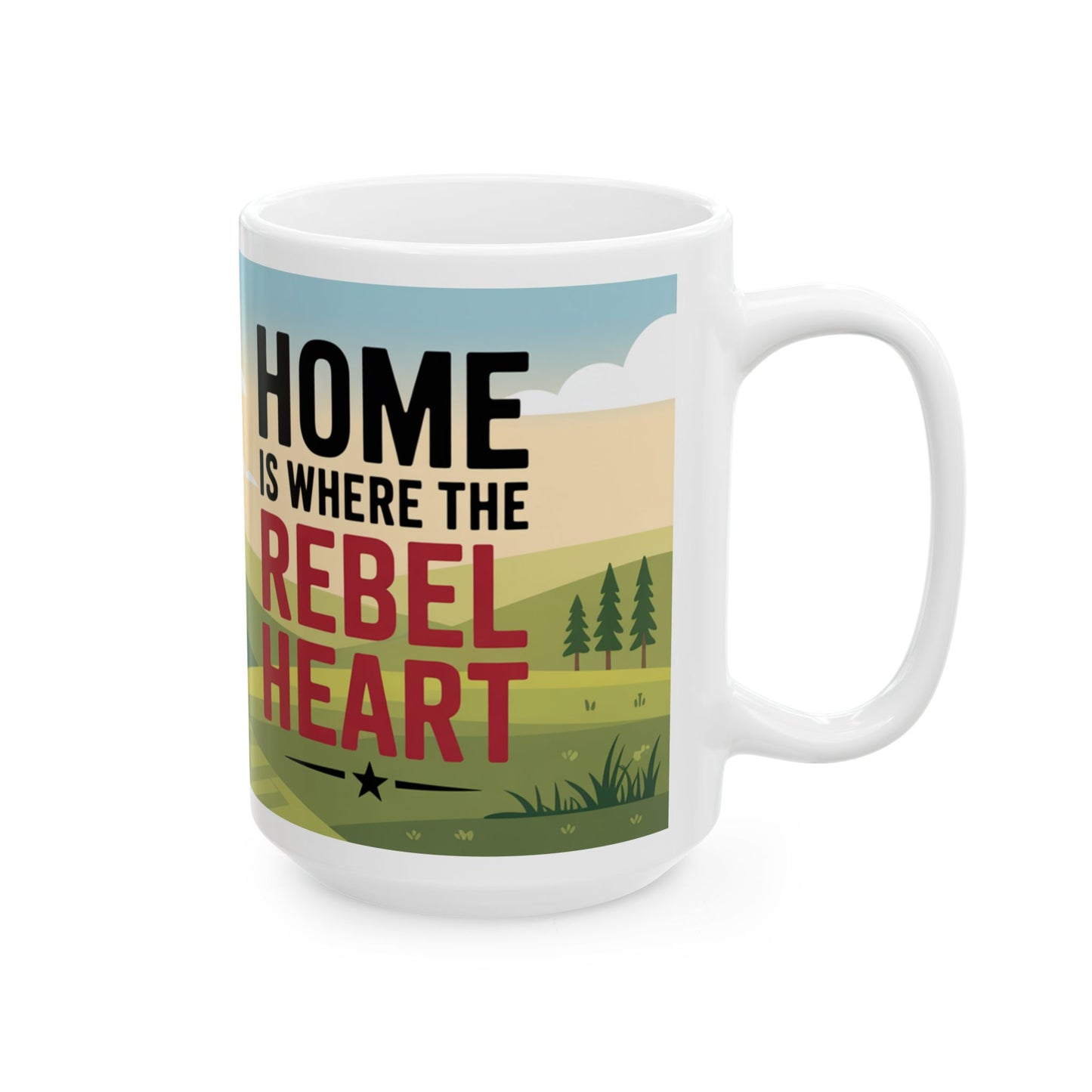 Southern heritage coffee mug with Home is Where the Rebel Heart graphic and nature design