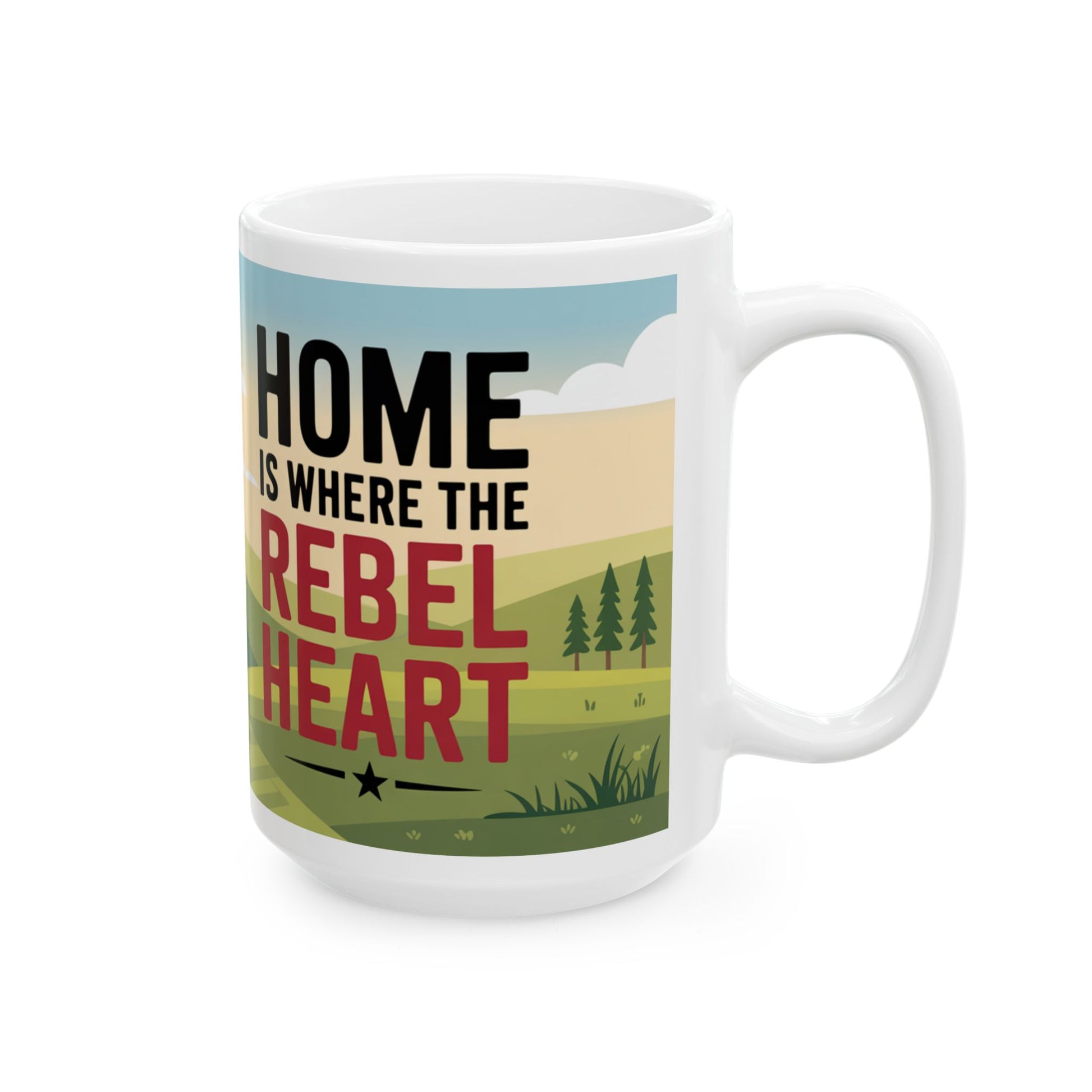 Southern heritage coffee mug with Home is Where the Rebel Heart graphic and nature design