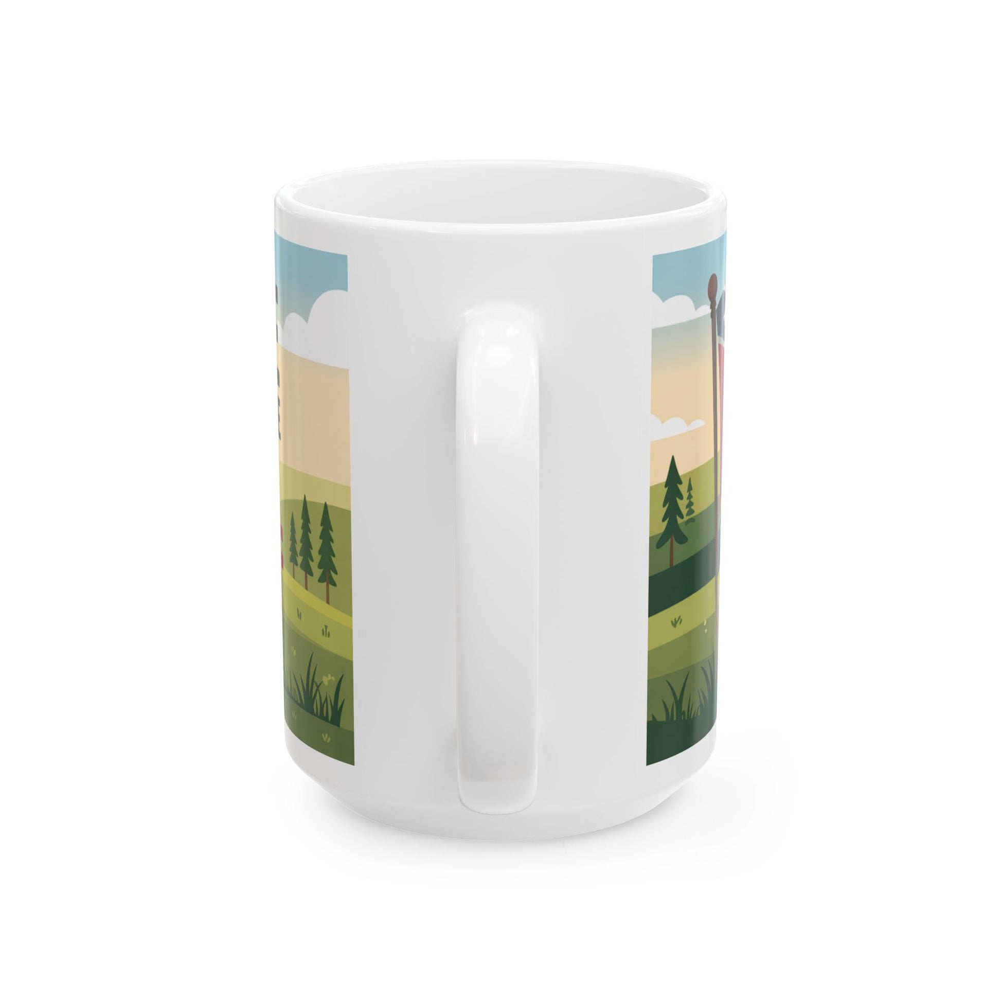 White ceramic Southern heritage coffee mug with nature-themed artwork and handle view
