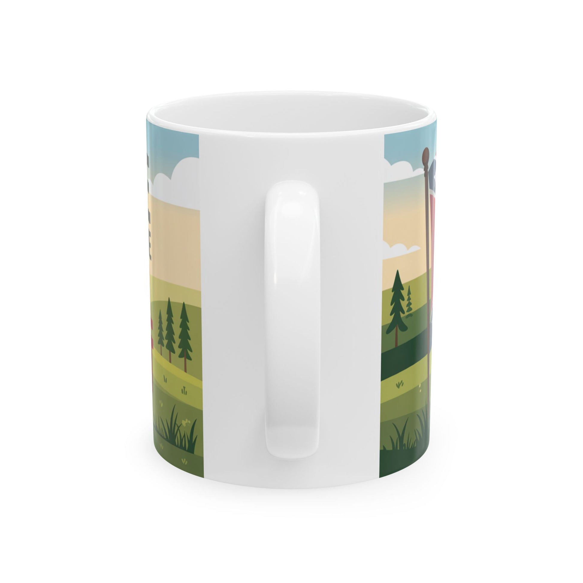 White ceramic southern heritage coffee mug with a scenic nature design and green landscape