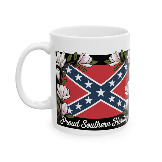 Southern heritage mug with Confederate flag and magnolia flowers design