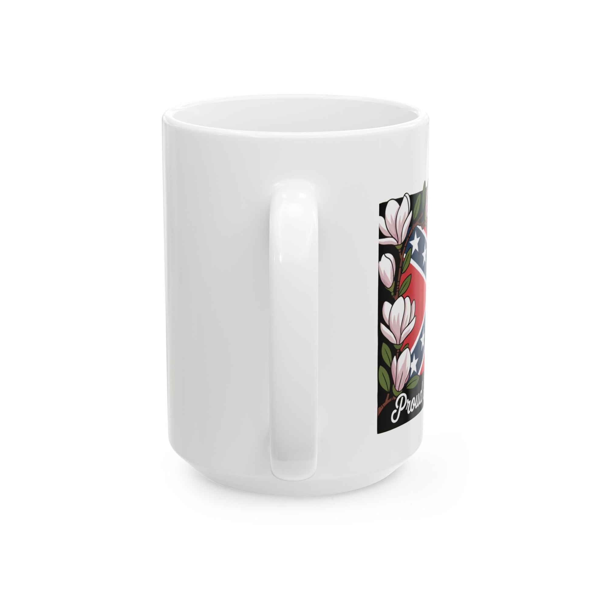 White mug showing partial design of Southern heritage mug with floral and flag elements
