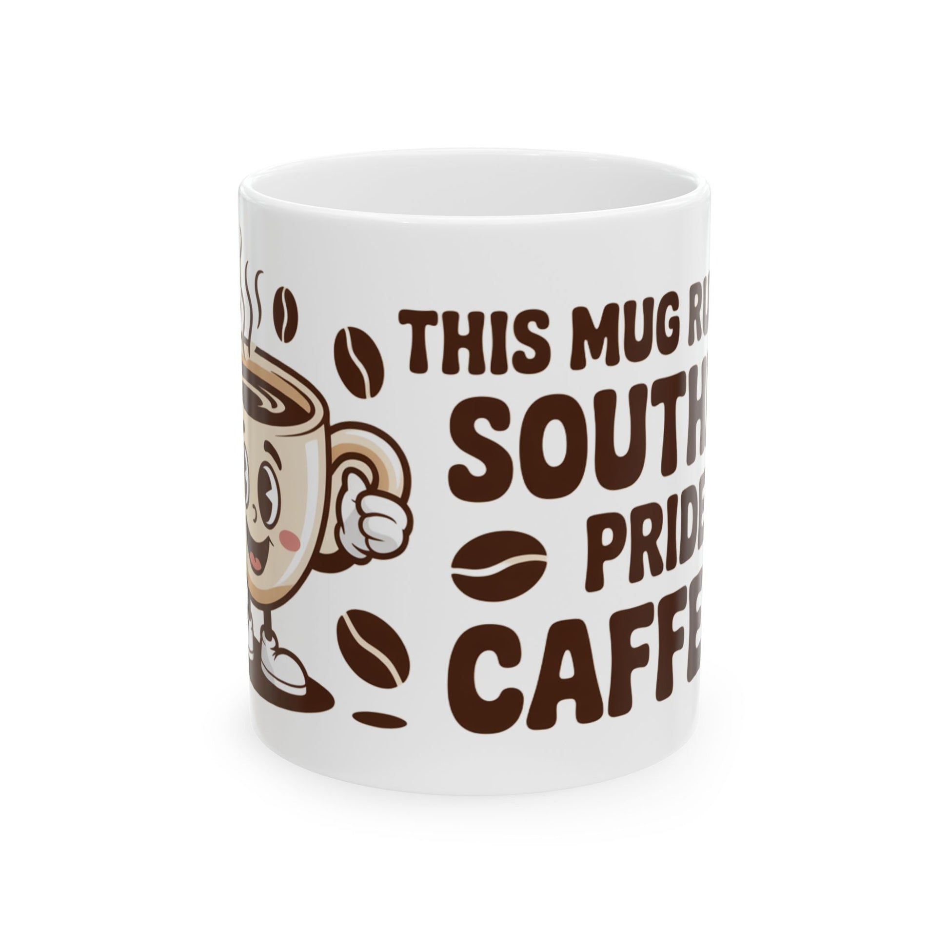 White southern pride coffee mug with cartoon coffee cup and bold brown text