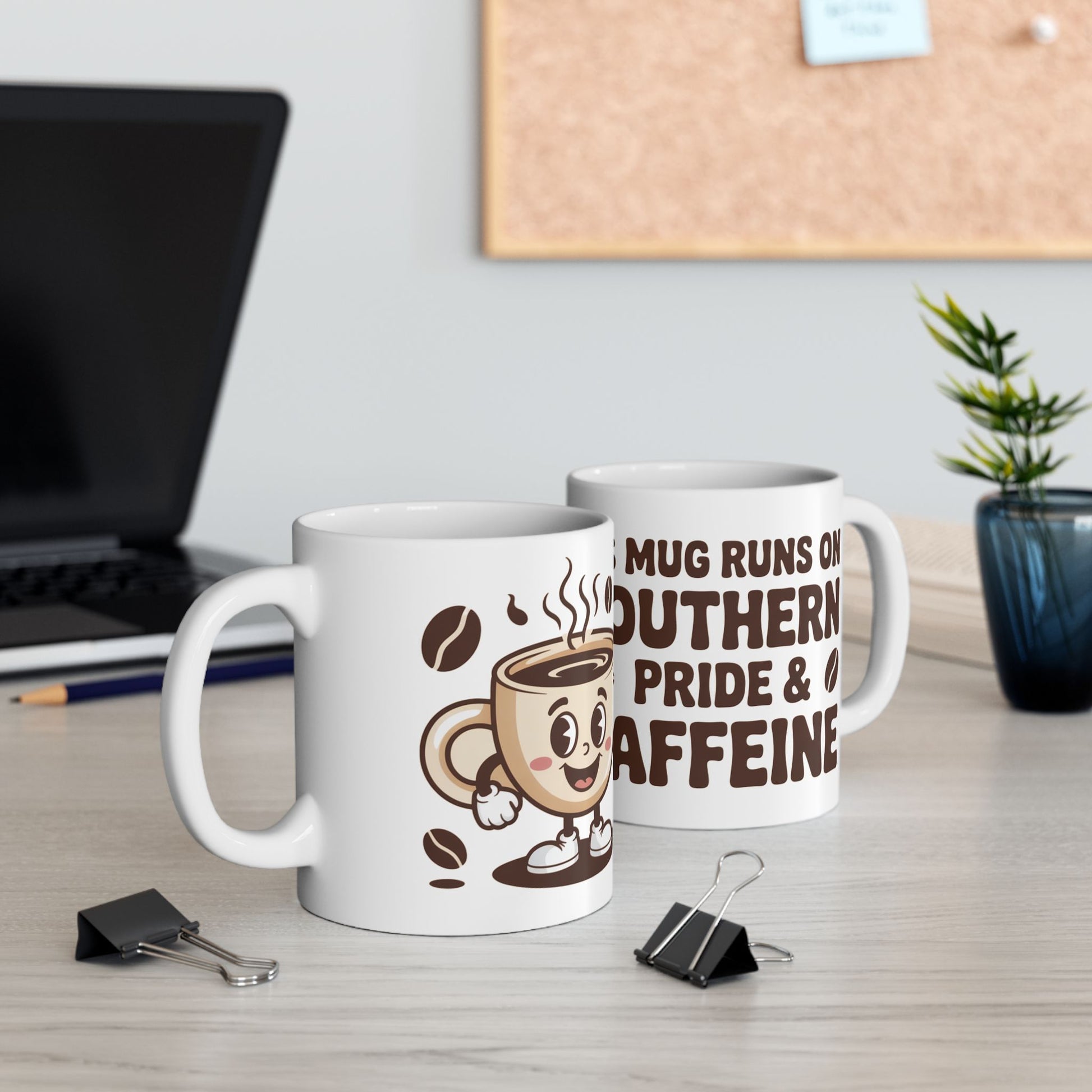 White southern pride coffee mug with cartoon coffee cup and text on office desk