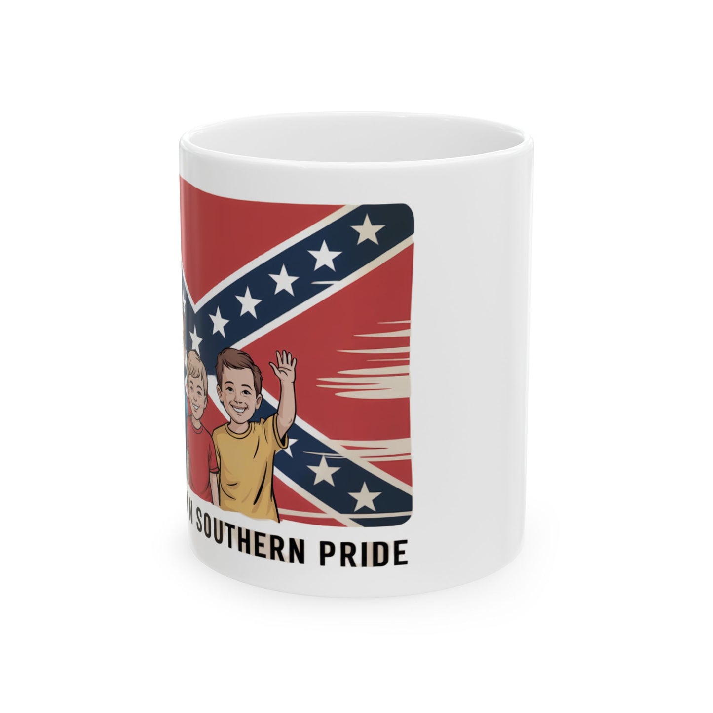 White southern pride coffee mug featuring kids waving in front of a Confederate flag design