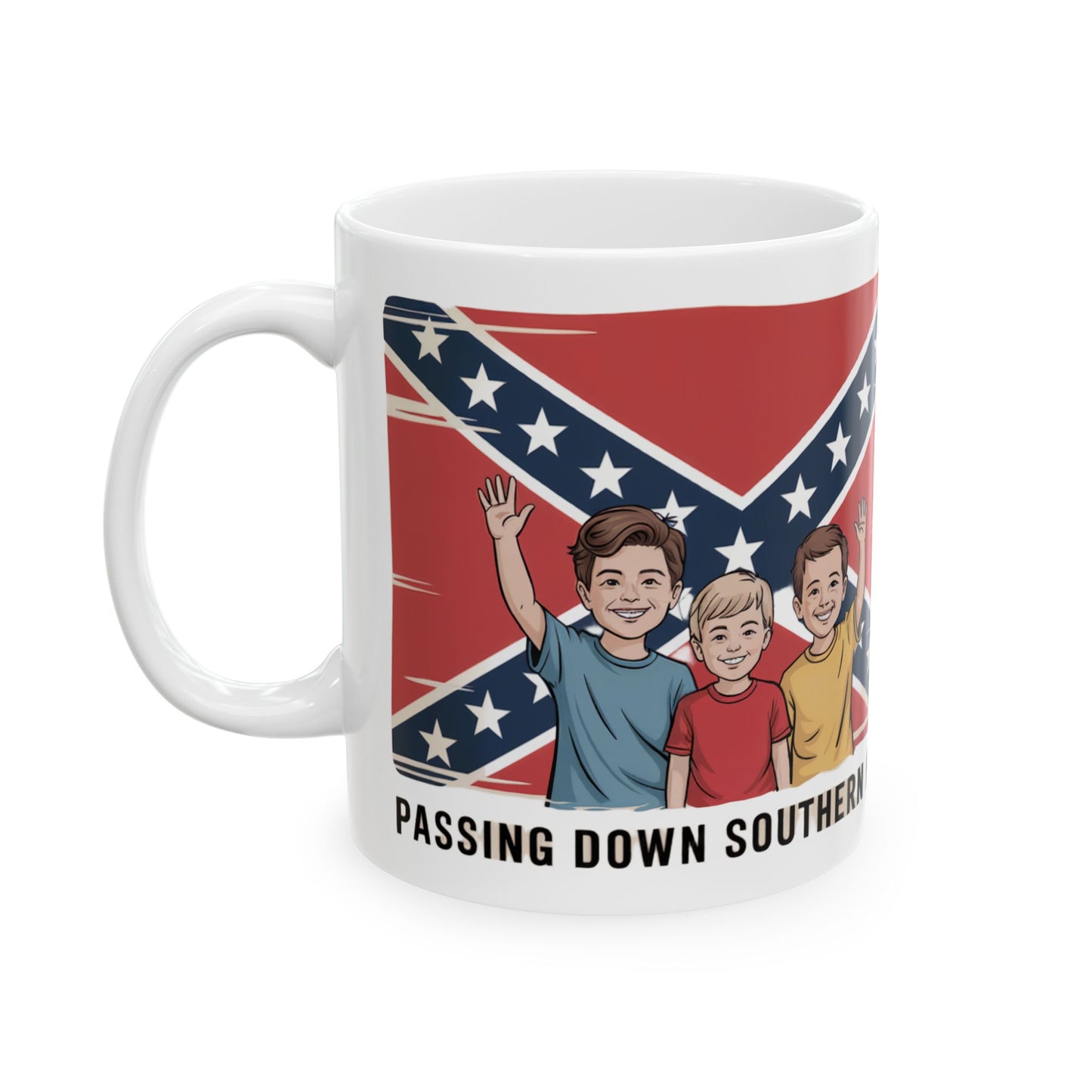 Southern pride coffee mug with cartoon boys waving and confederate flag background