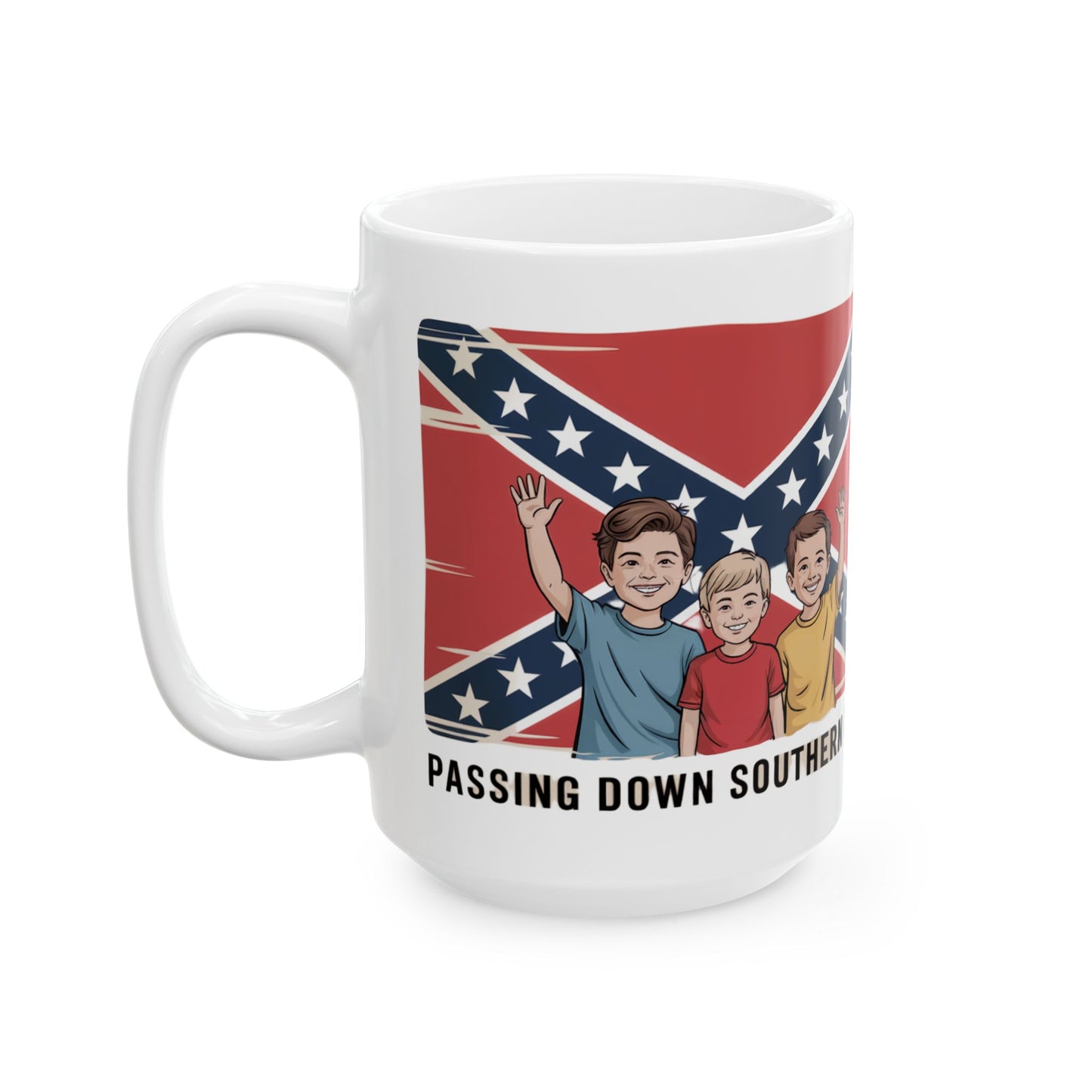 White southern pride coffee mug featuring kids with Confederate flag and passing down southern heritage text