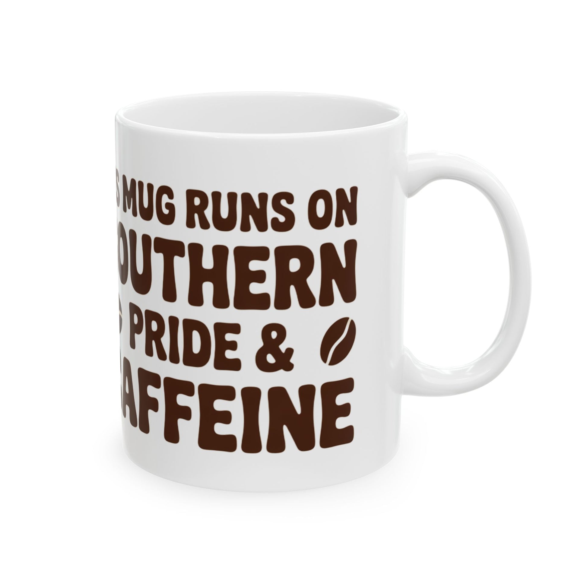 White ceramic southern pride coffee mug with brown text and coffee bean graphic