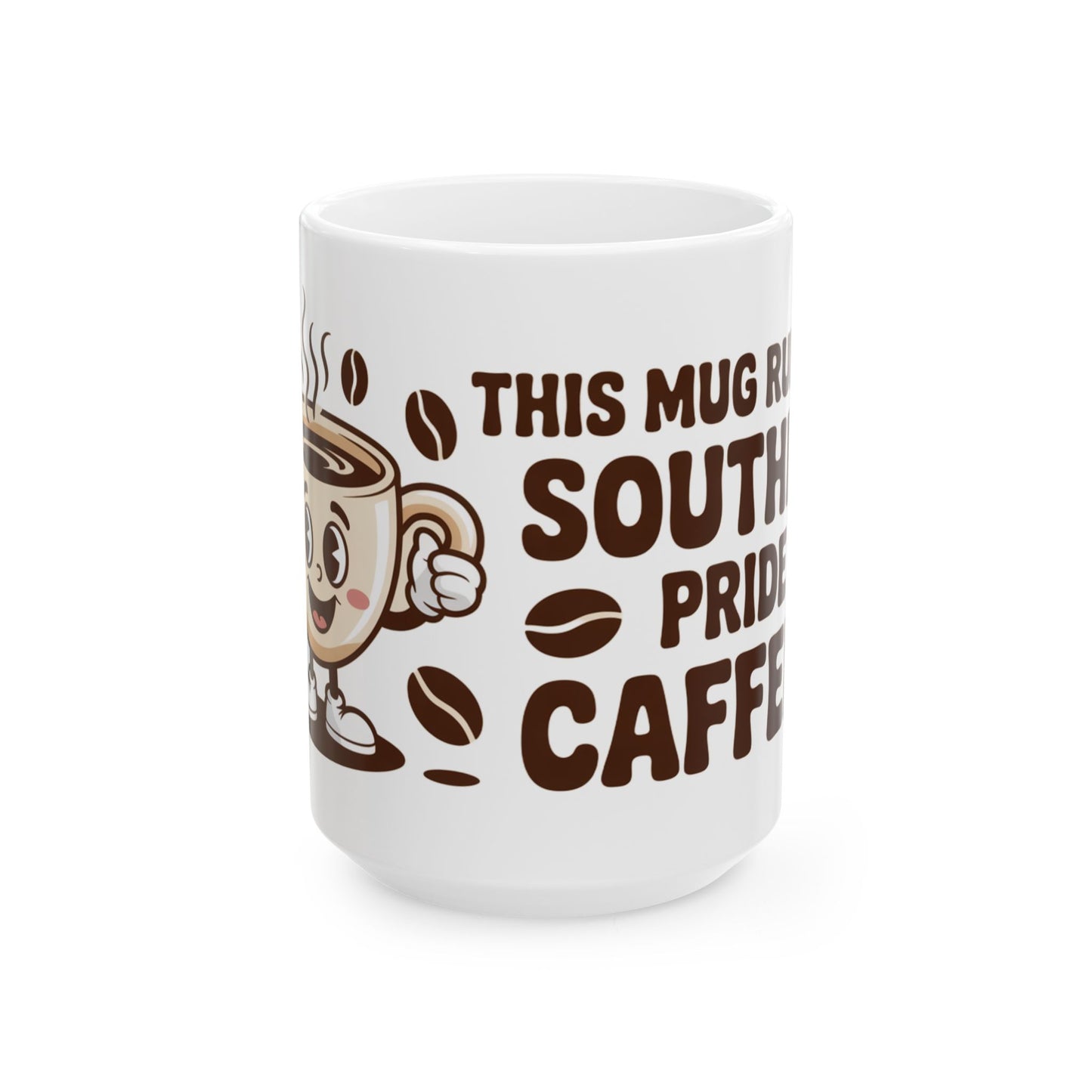 White southern pride coffee mug with smiling coffee cup character and brown coffee bean design
