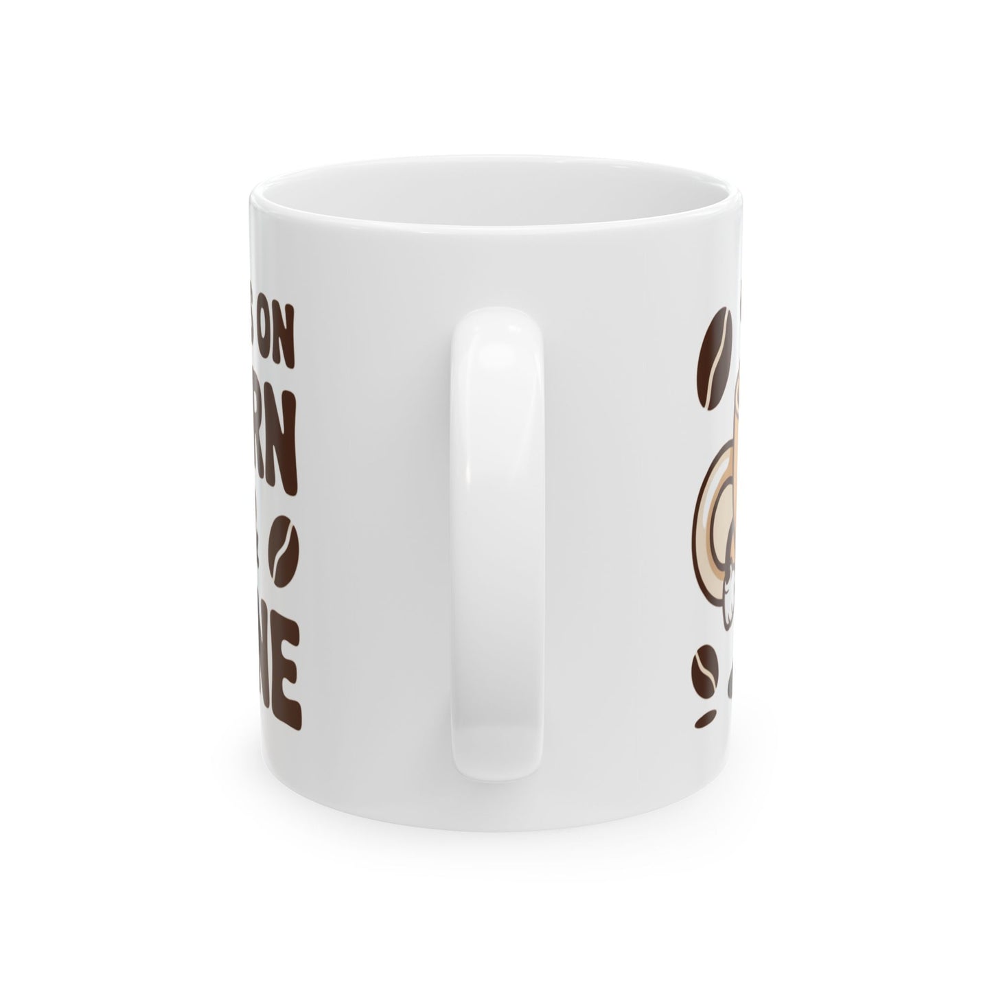 White ceramic southern pride coffee mug with coffee bean design and bold text