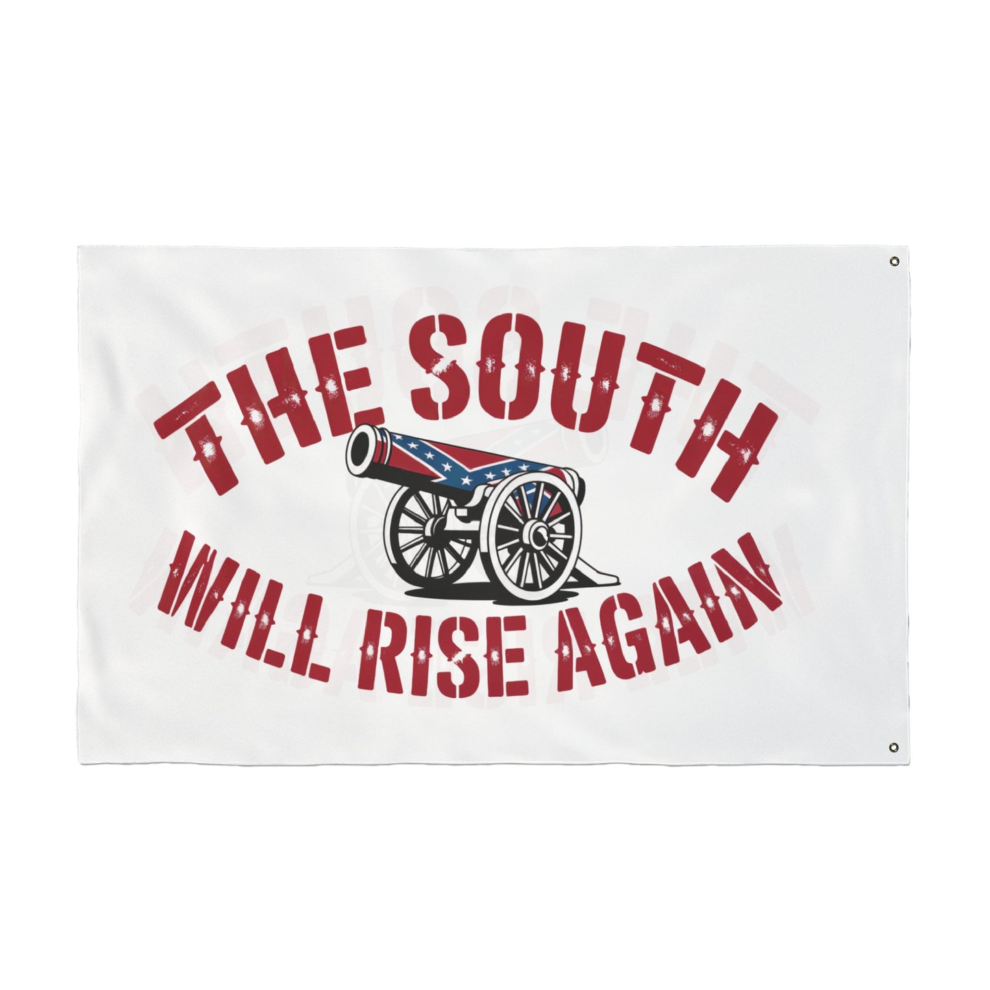 The South Will Rise Again Confederate flag home decor with cannon and bold red text on white background