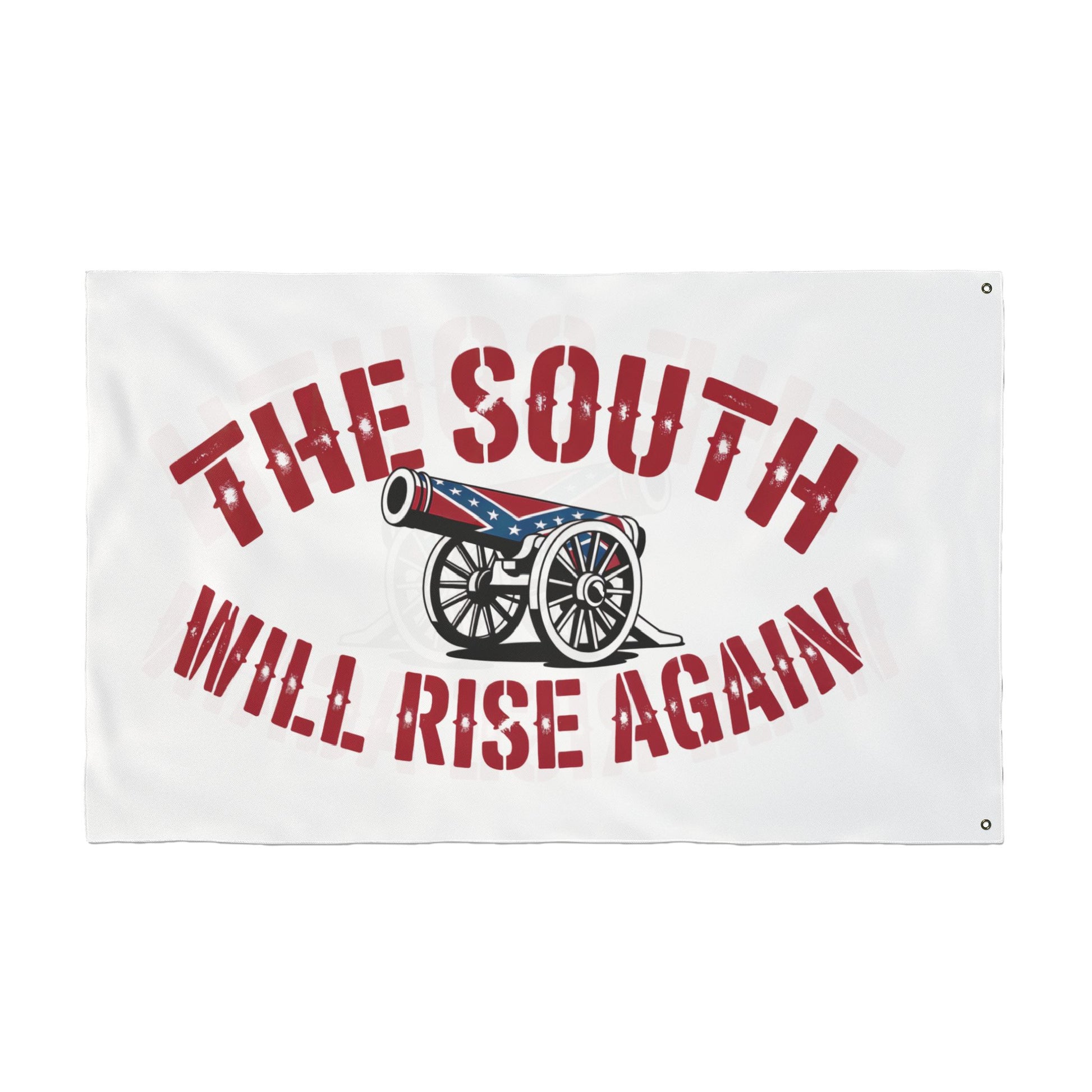 The South Will Rise Again Confederate flag home decor with cannon and bold red text on white background