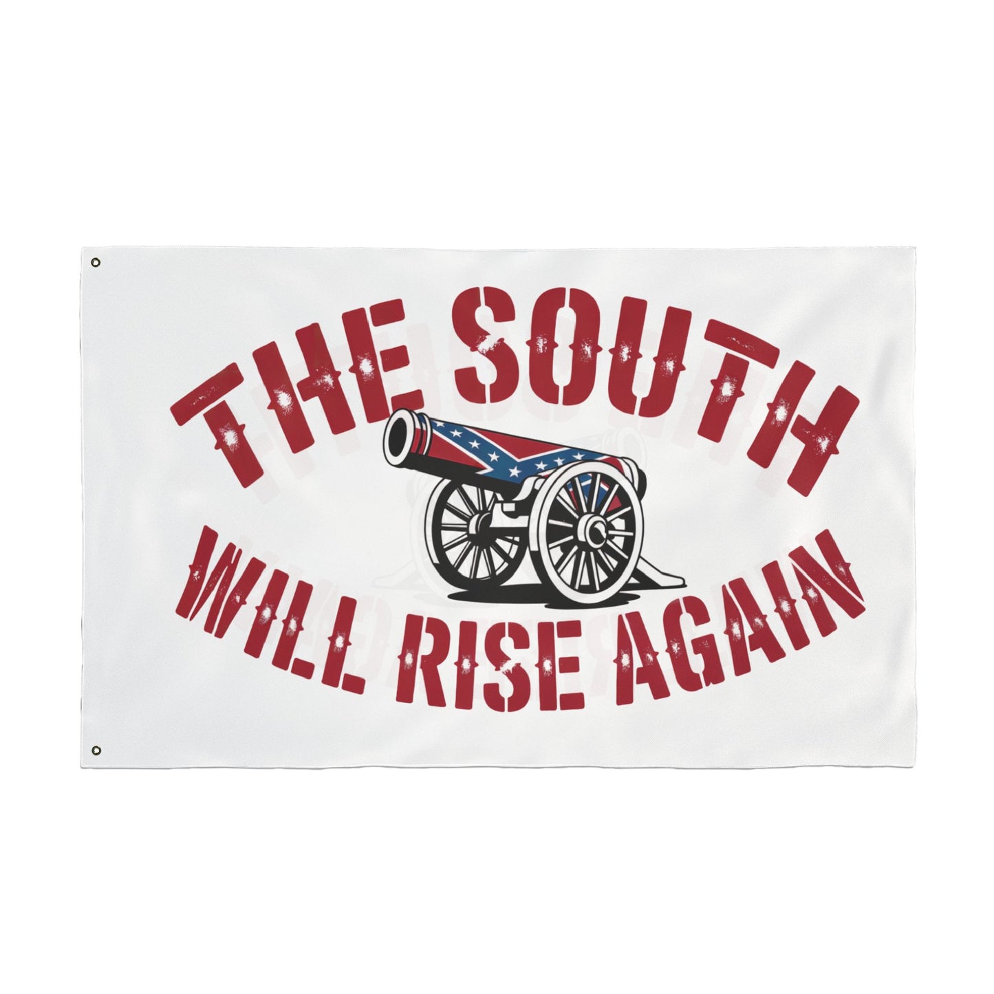 Home decor flag featuring a cannon with The South Will Rise Again Confederate flag and bold red text