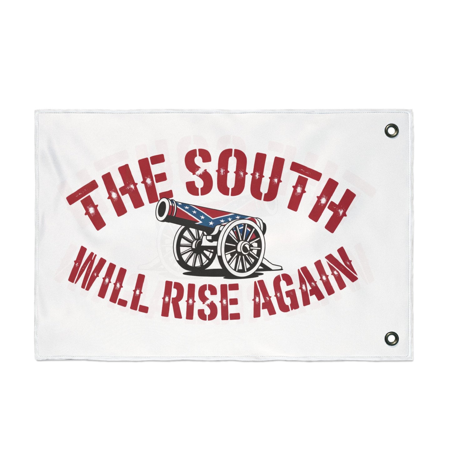 White home decor flag with a cannon and the South Will Rise Again Confederate flag text in red