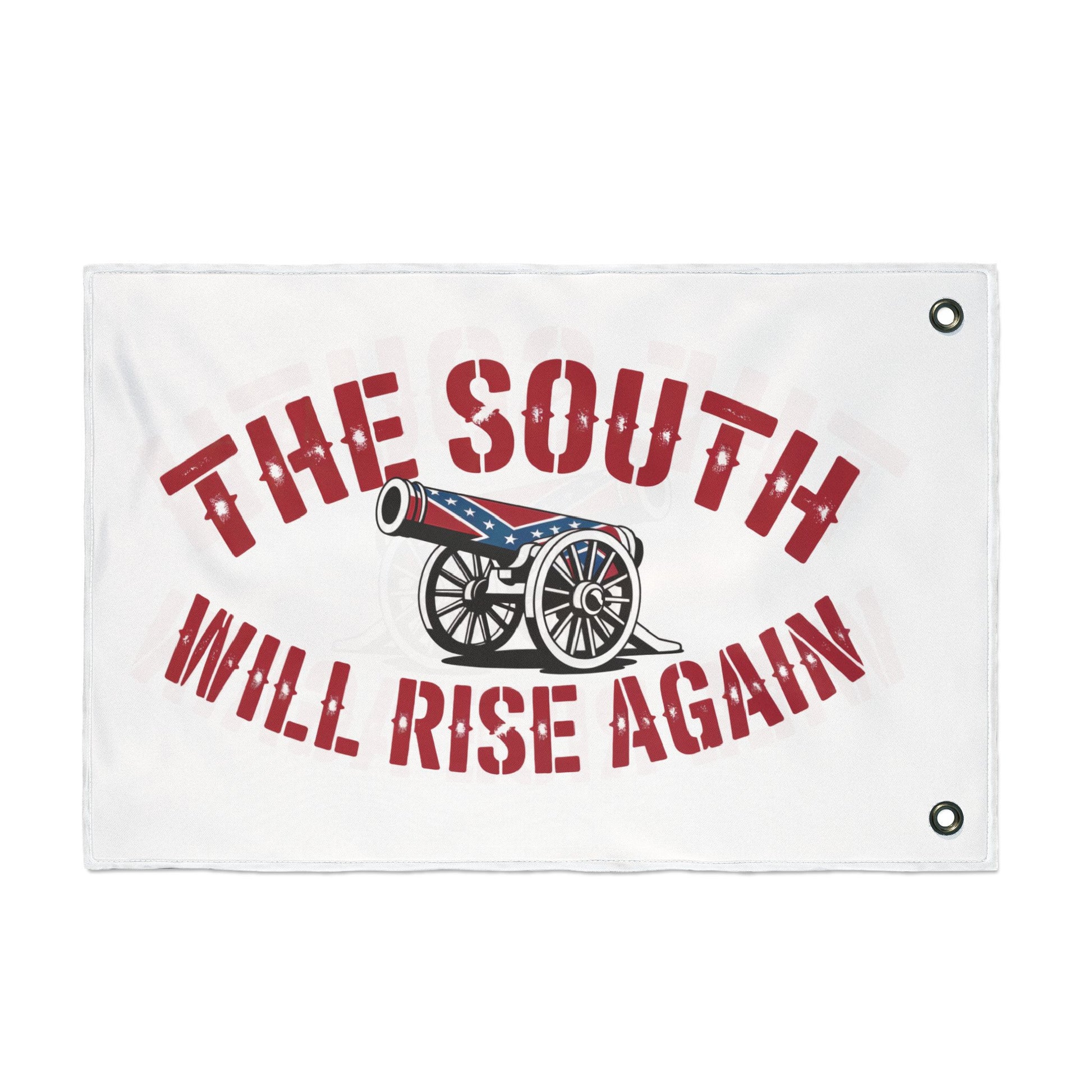 White home decor flag with a cannon and the South Will Rise Again Confederate flag text in red