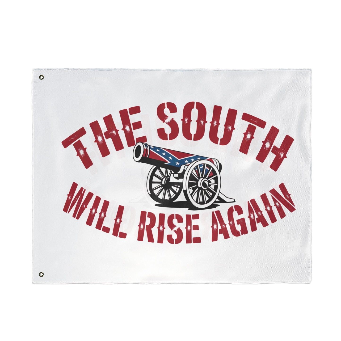 White home decor flag with cannon and the text The South Will Rise Again Confederate flag in red