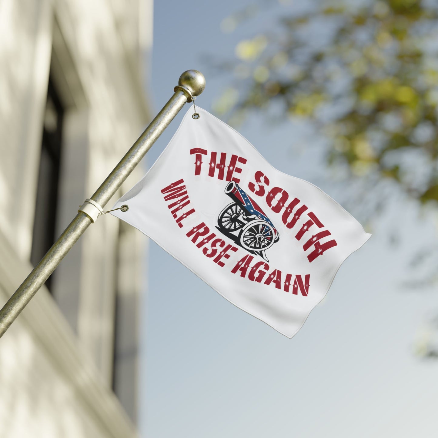 home decor white flag with cannon and red text The South Will Rise Again Confederate flag